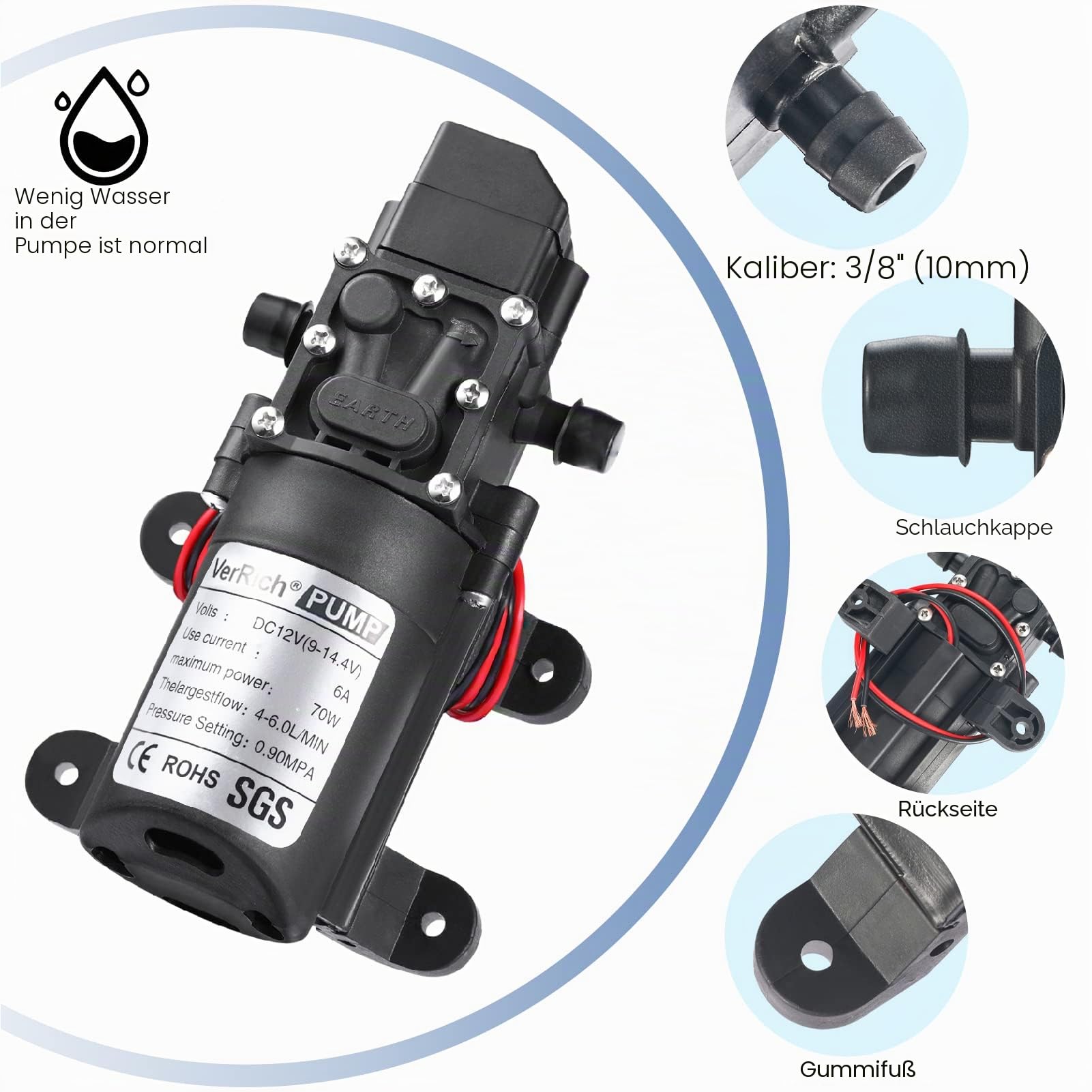 VerRich Diaphragm Pump, 12 V Water Pumps 70 W Self-Priming Pump 6 L/Min 0.9MPA 131 PSI with Pressure Switch with 2 Adjustable Hose Clamps