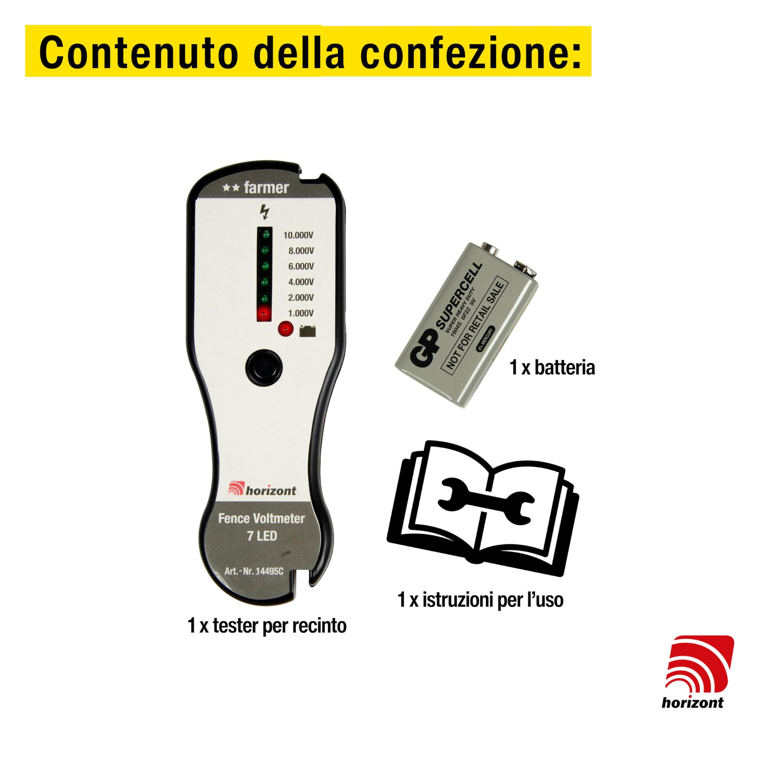 Tester recinzioni Horizont Farmer senza spik a terra, 1000-10.000 V, batteria, display LED a 6 stadi, spia indicatore batteria, recinzione per recinzione per tester recinzioni