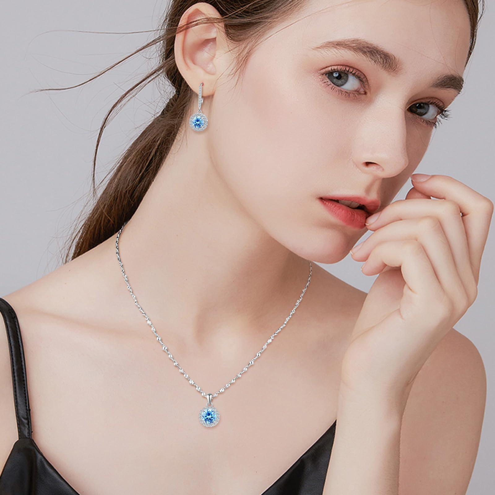 Set di collana e orecchini da donna con zirconi rotondi in argento 925, colore blu
