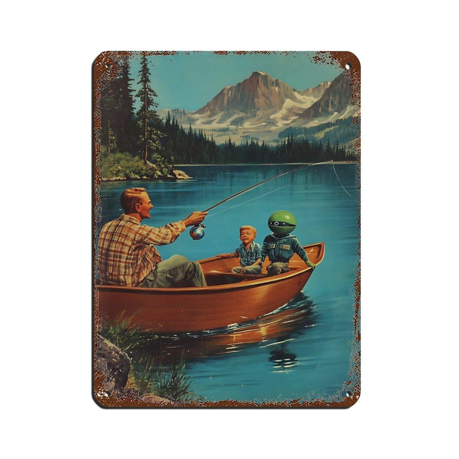 Surreal Fishing Trip With Robot Retro Poster Metal Tin Sign Chic Art Retro Iron Painting Bar People Cave Cafe Family Garage Poster Wall Decoration 12x16inch(30x40cm)