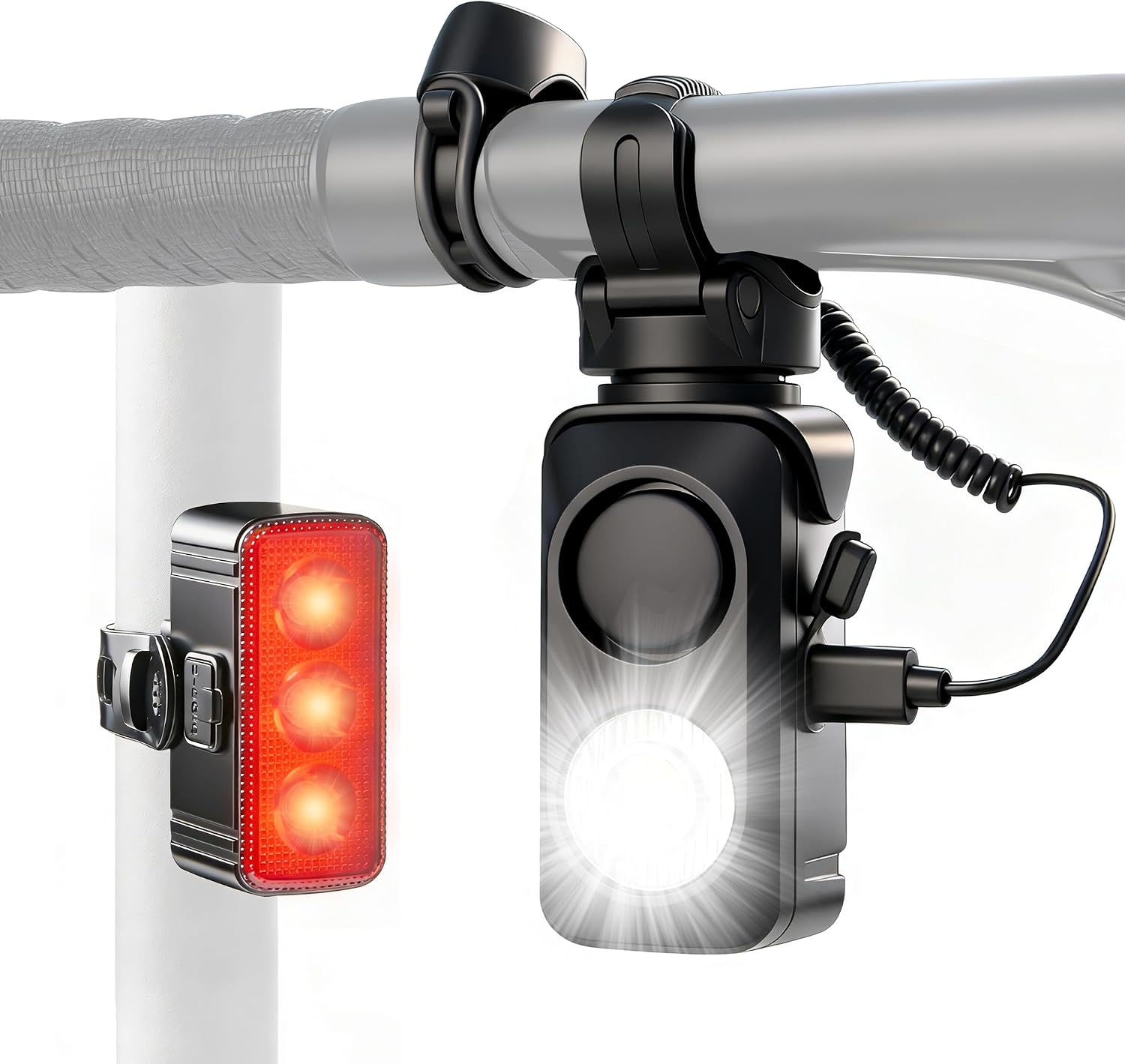 DRCKHROS Bike Light Set,USB-C Rechargeable Waterproof Super Bright with Horn 130DB Loud Bicycle Front Headlight and Rear Taillight,| Fits Mountain/Road/Electric Bikes & Scooters