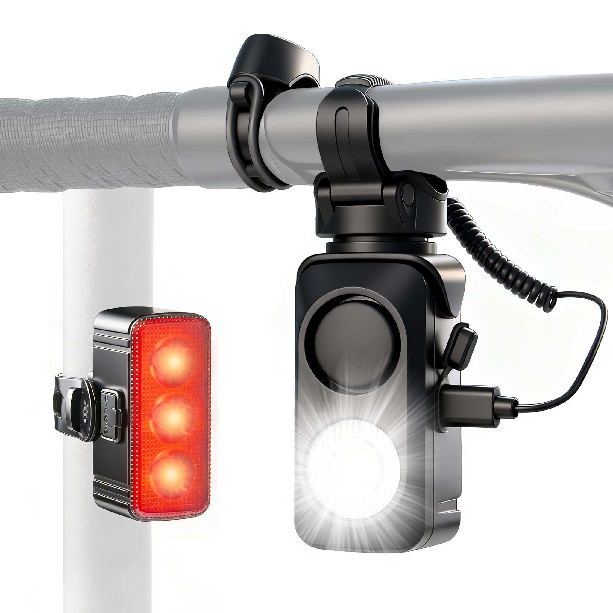 DRCKHROS Bike Light Set,USB-C Rechargeable Waterproof Super Bright with Horn 130DB Loud Bicycle Front Headlight and Rear Taillight,| Fits Mountain/Road/Electric Bikes & Scooters