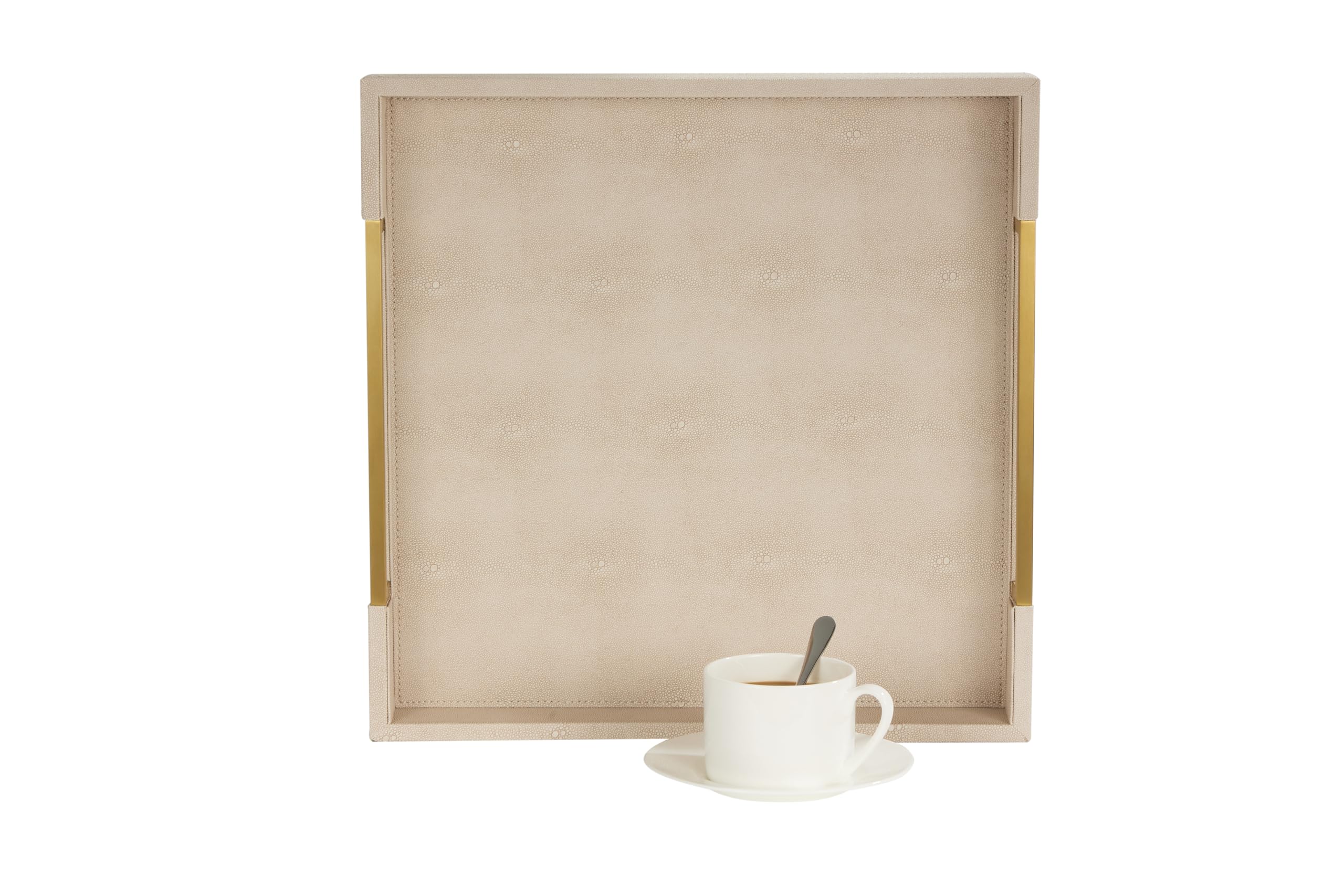 Sagala 16”x16 Ivory Shagreen Leather Serving Tray with Brushed Gold Handles, Wooden Decorative Tray for Ottoman Coffee Table Bathroom Vanity Buffet (Ivory-Gold, Square 16")
