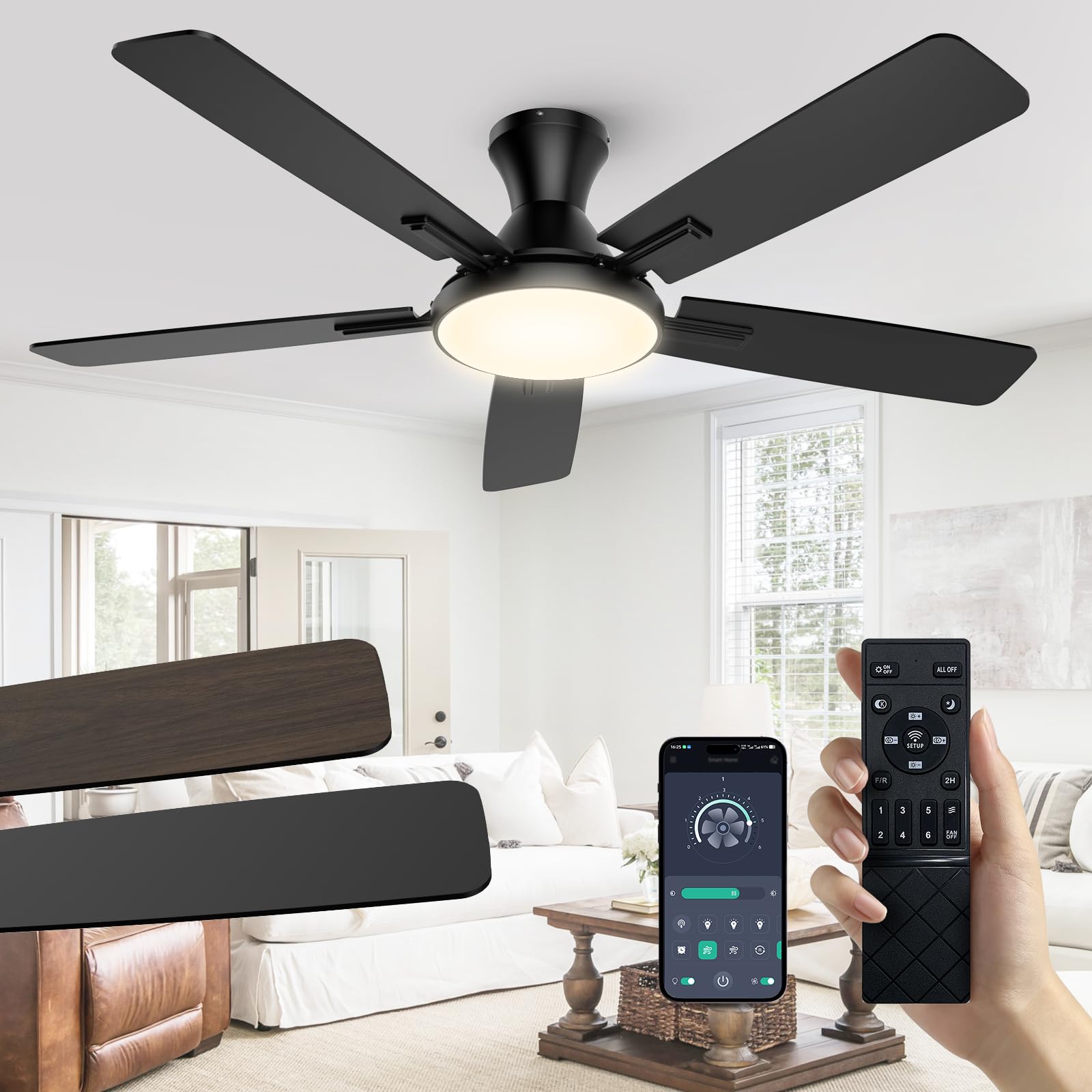 Photo 1 of **MISSING PARTS**
YULINKCO 52 Inch Flush Mount Ceiling Fan with Light, DC Motor, Remote & APP Control, 2700K-6500K Stepless Dimming, Reversible 6 Speeds, 5800 CFM Quiet Fan for Bedroom Living Room