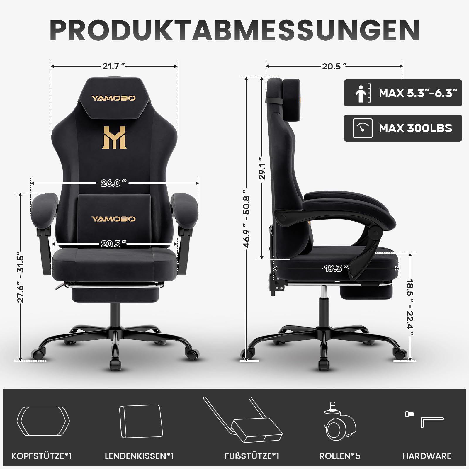 Gaming Stuhl Stoff Ergonomisch Gaming Chair mit Fußstütze Schwarz