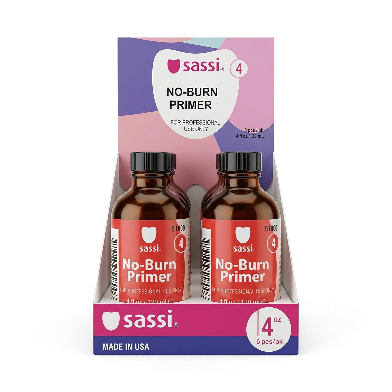 Sassi No-Burn Primer 4oz, Pack of 6 | Acid-Free Nail Primer for Superior Adhesion | Low Odor, Non-Irritating Formula | Made in USA