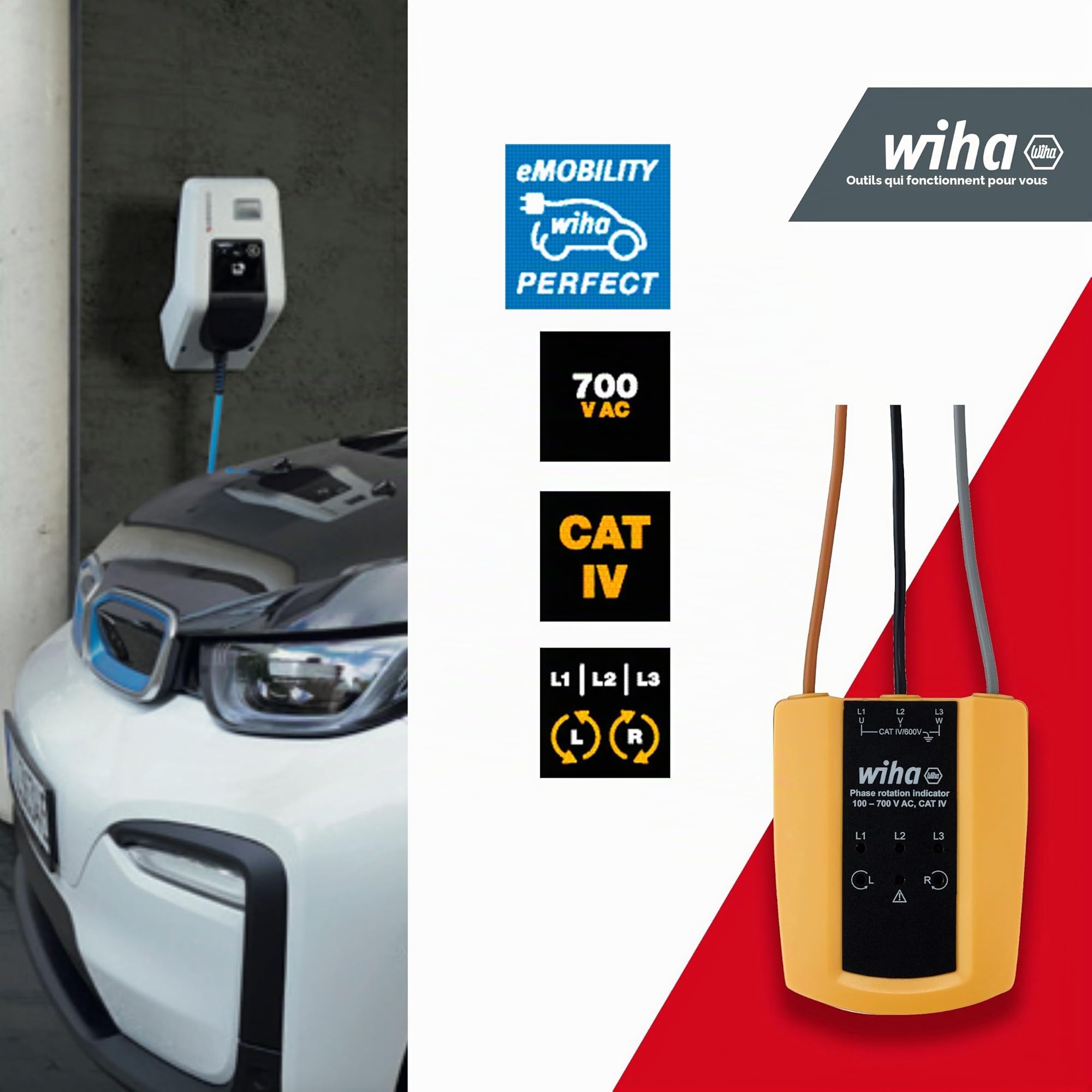 Wiha 45221 Drehfeldtester Cat III 1000 V, Cat IV 600V Noir
