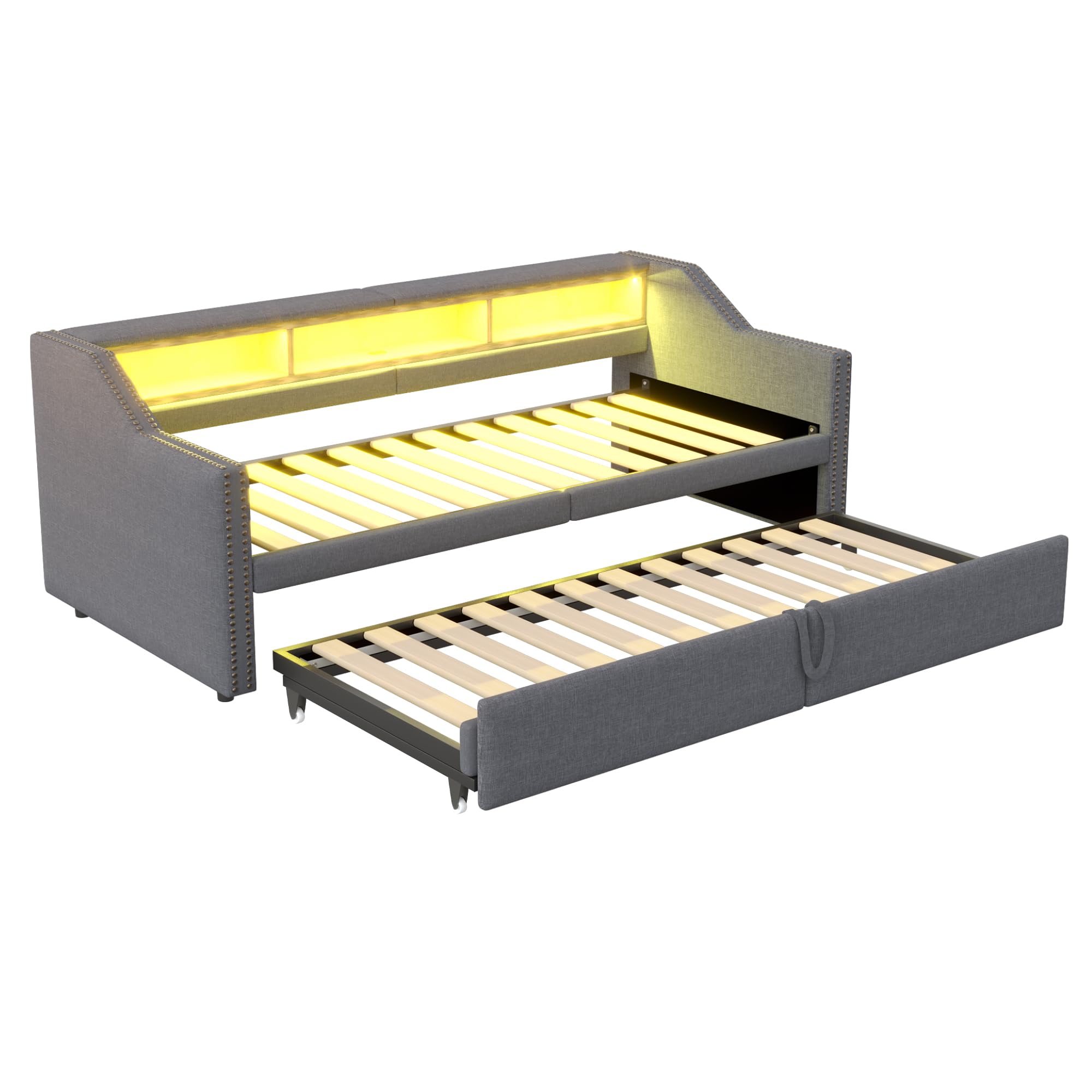 Divano letto imbottito allungabile 90/180 x 200 cm, vano portaoggetti multifunzione, luce LED e presa USB, con rete a doghe, grigio scuro