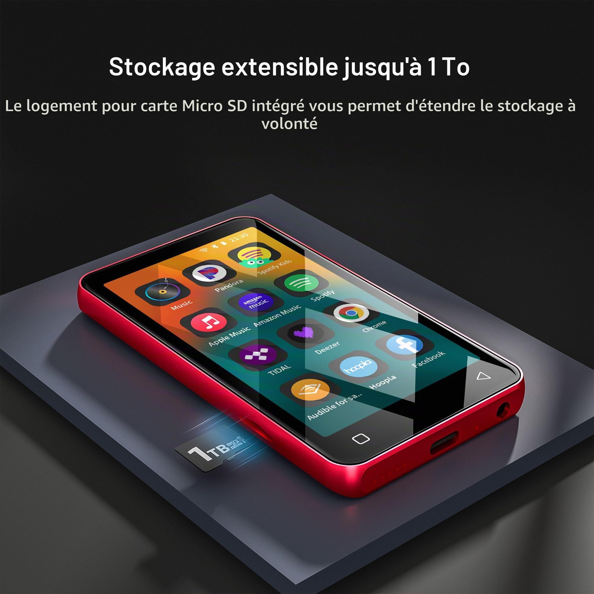 80Go Lecteur MP3 avec Bluetooth et Wi-FI, écran Tactile Complet de 10.2 cm, Lecteur MP4 MP3 avec Spotify, Son HiFi Portable, Lecteur Audio numérique avec Haut-Parleur（Rouge Noir