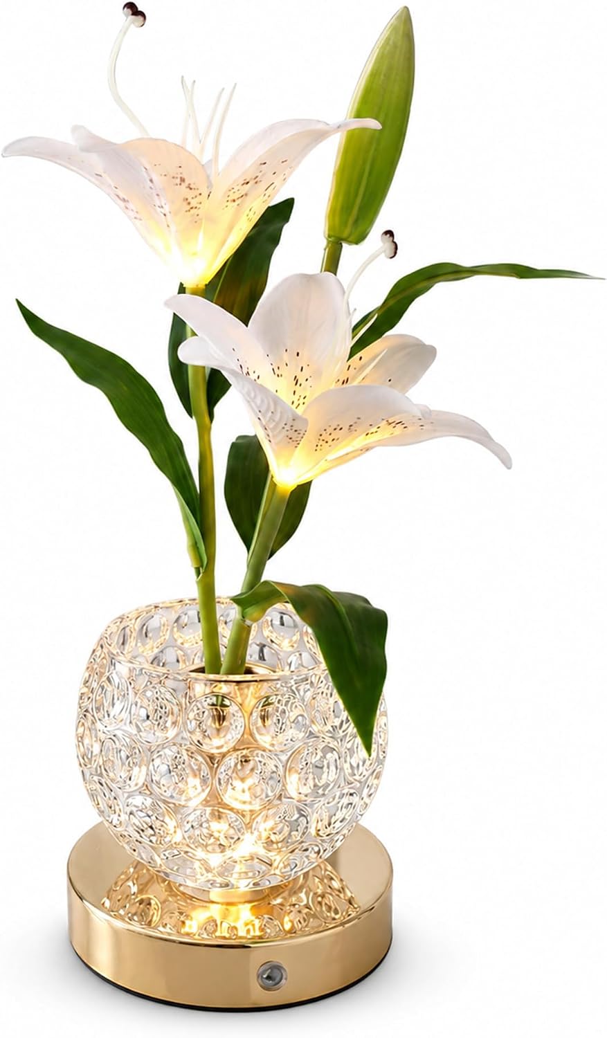 Lily Flower Night Light with Bubble Glass Vase, 3-Color Touch Table Lamp, Stepless Dimming Rechargeable Cordless Floral Lamp, Birthday Gifts for Women Mom (White)