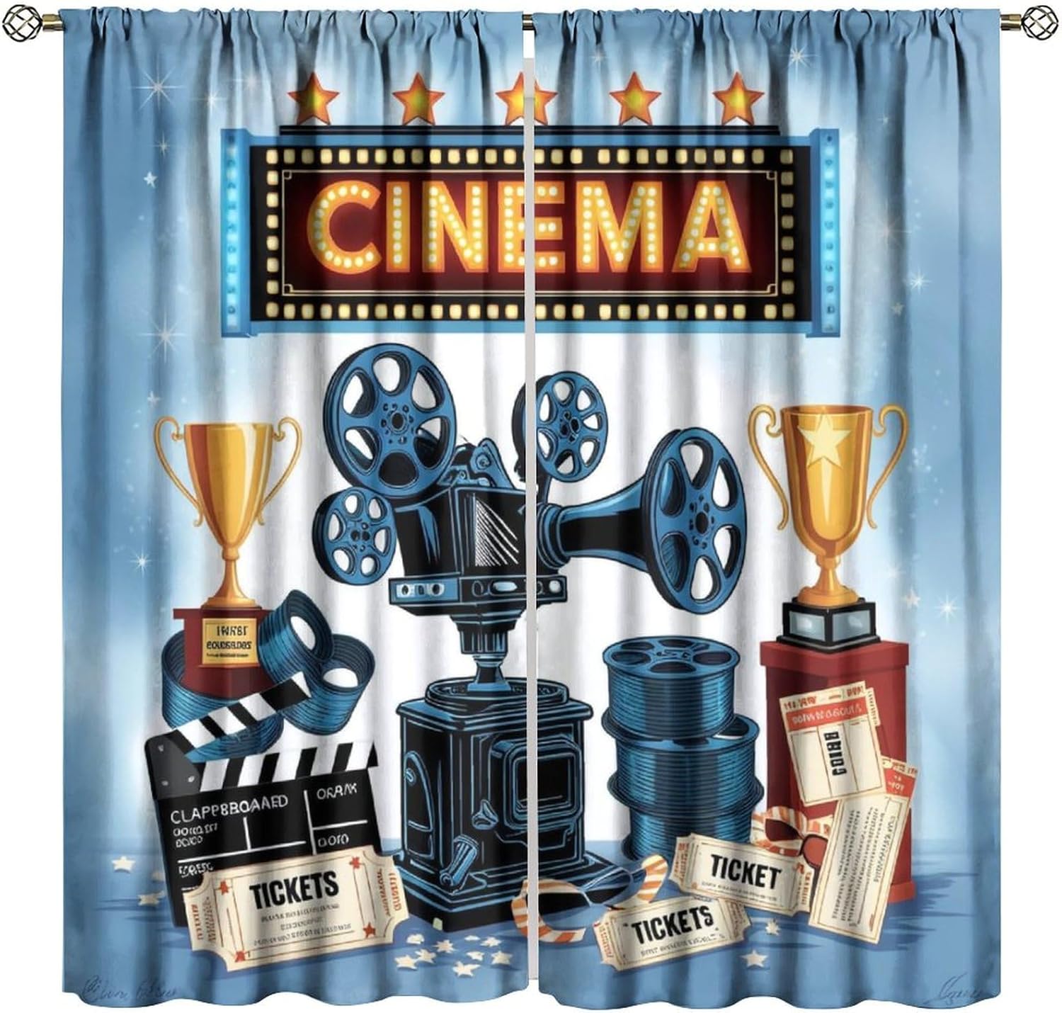 Movie Theme Blackout Curtains,Blue Old Vintage Cinema Style Home Decor Print Rod Pocket Window Treatments Drapes for Bedroom Living Room 84" W X 84" L