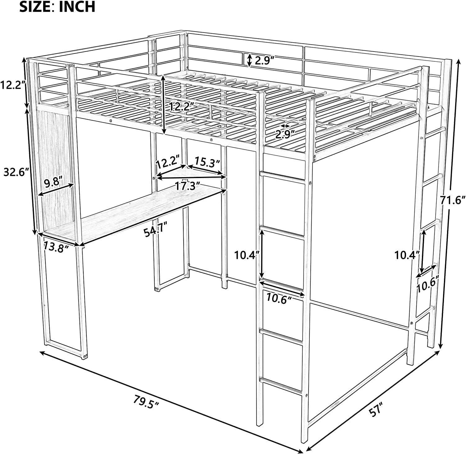 DNYN Full Size High Loft Bed Dimensions Diagram