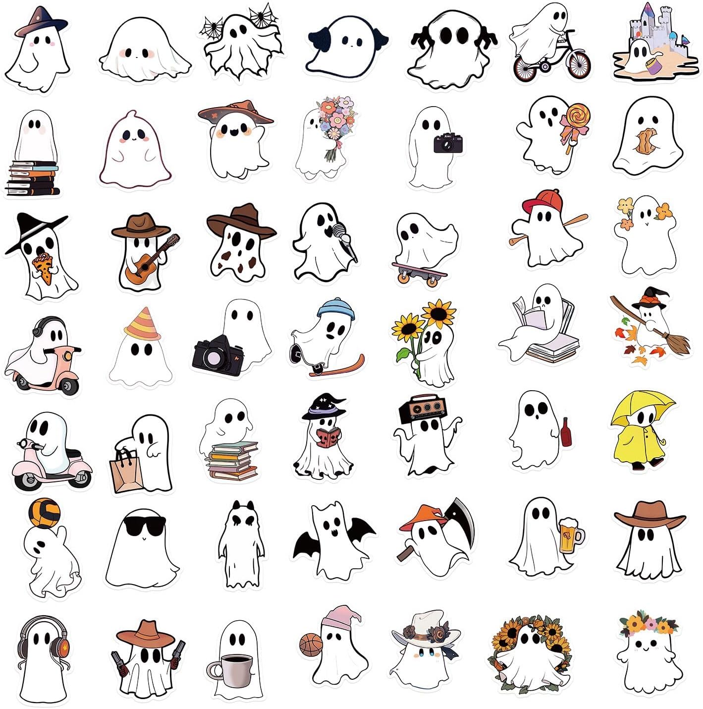50Pcs Halloween Ghost Theme Stickers | Cute Ghost Decorative, For Parties, Suitable for Children, Teens, and Adults, For Water Bottles, Laptops, and Cups