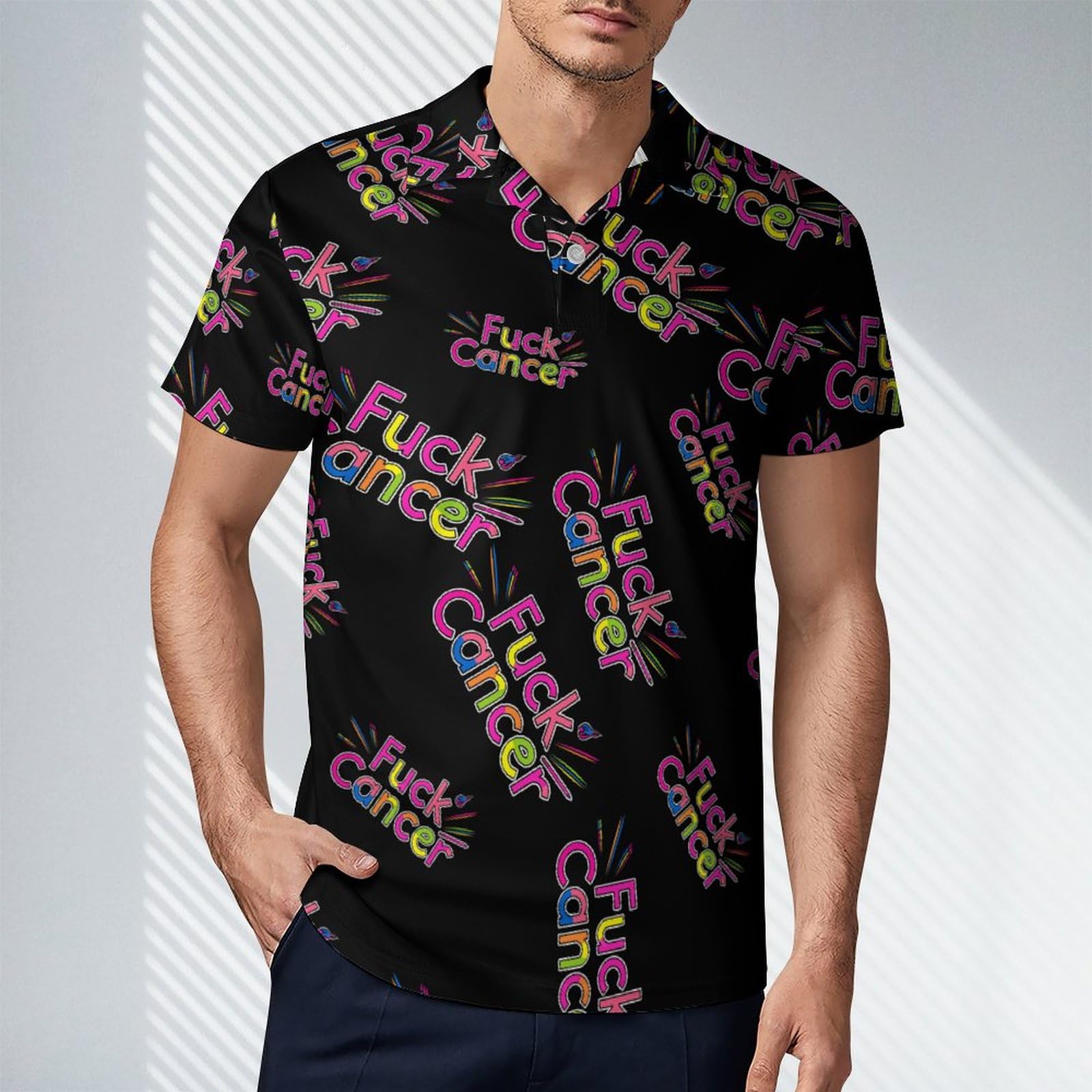 Fuck Cancer Awareness Men's Polo Shirt Short Sleeve Print T Shirt Slim Fit Golf Shirt Collared Tee Casual Top 2XL