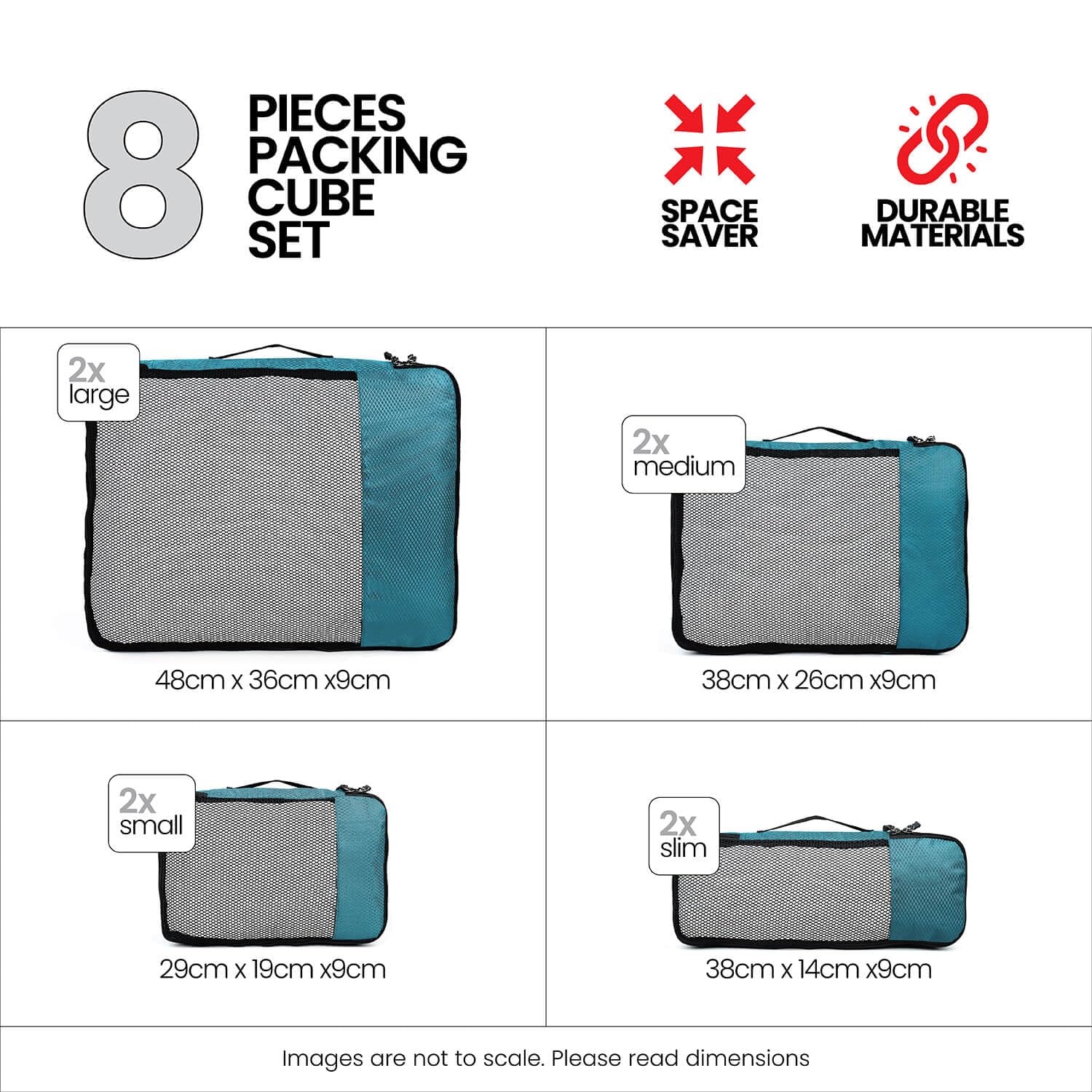 FATMUG Packing Cubes Travel Pouch Bag Organiser Set of 8 (2 x Large-Medium-Small-Slim) - Sky Blue Polyester