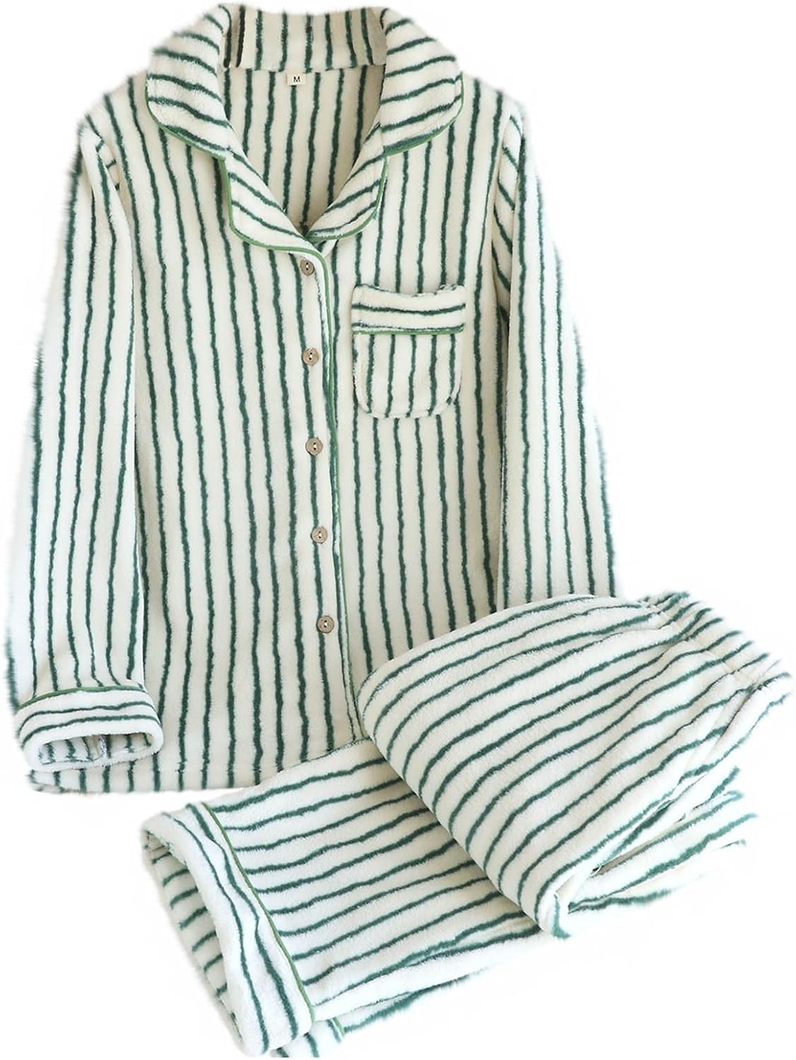 Fluffy Pajamas Set for Women Fleece Pjs Sets Striped Button Down Sleepwear Fuzzy Pants Winter Plush Loungewear