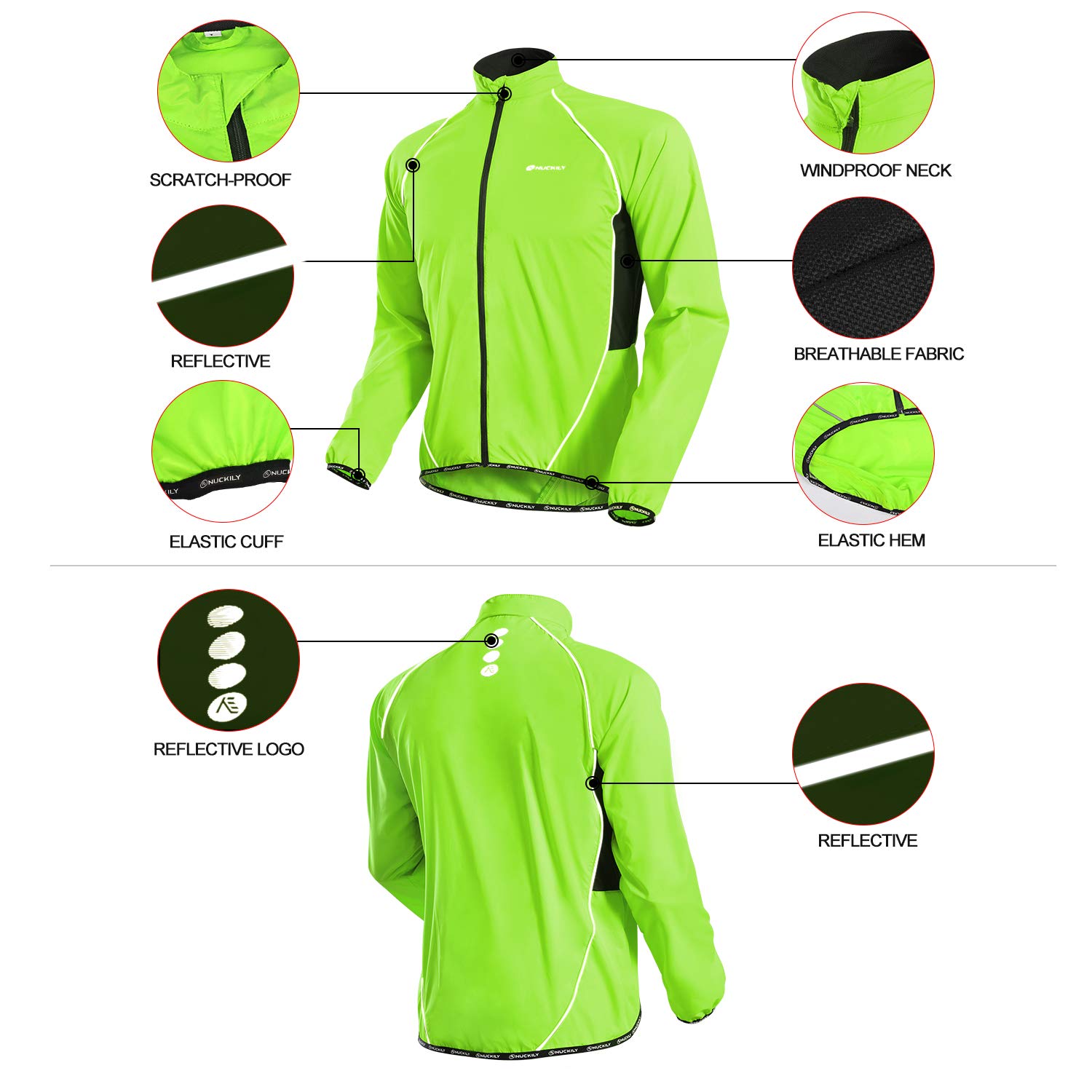 NUCKILY Giacca da ciclismo multifunzione da uomo, giacca a vento, antivento, impermeabile, traspirante, riflettente, per mountain bike, anti-UV, jogging, escursionismo