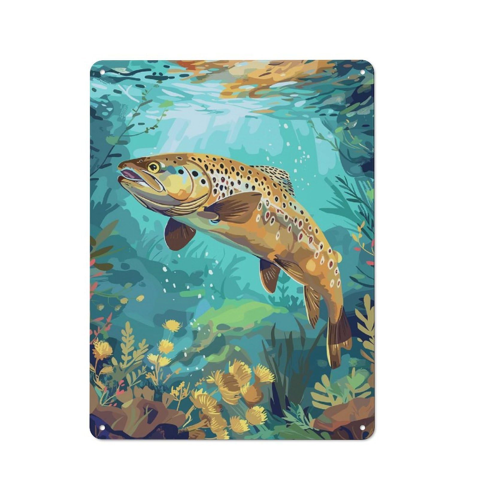 Junmoney Style-13 Tin Wall Plaque 40X30cm With Brown Trout Underwater For Café Or Restaurant, New Home Wall Decor For Hospitality Interior Collectors
