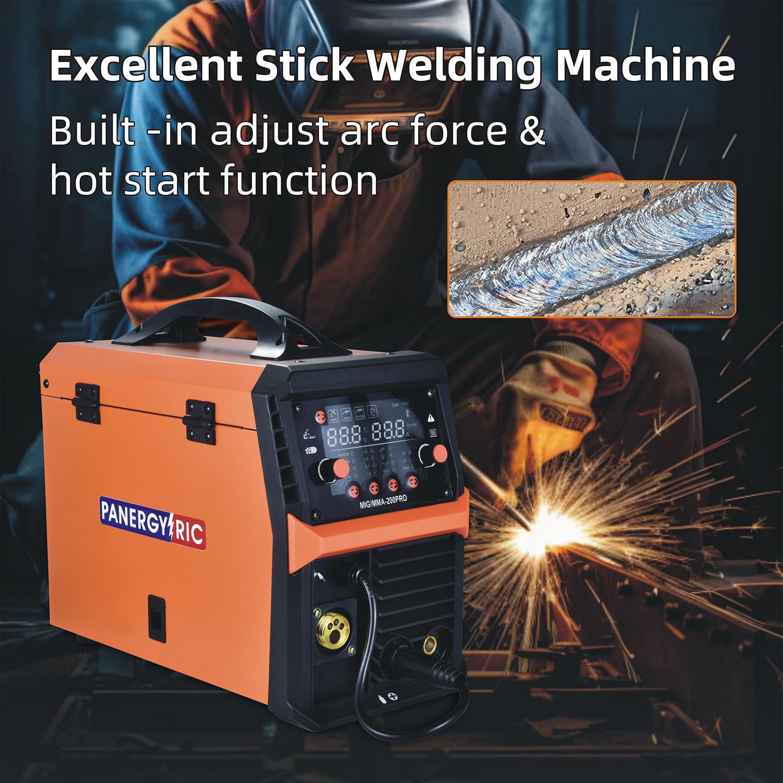 Spawarka MIG, 200 A Synergic Mig Spawarka 4 w 1 Gazowa MIG/Flux Core MIG/Stick/Lift TIG, podwójne napięcie 110 V/220 V, z falownikiem IGBT i wyświetlaczem LCD (MIG/MMA-200PRO)