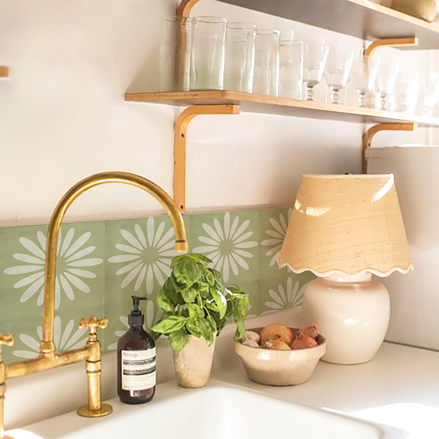 Alwayspon 10Pcs Peel and Stick Tile Transfer Stickers, Green White Floral Tile Decal Self-Adhesive Vinyl Backsplash Stick on Tiles for Kitchen Bathroom, 15cm/6inch