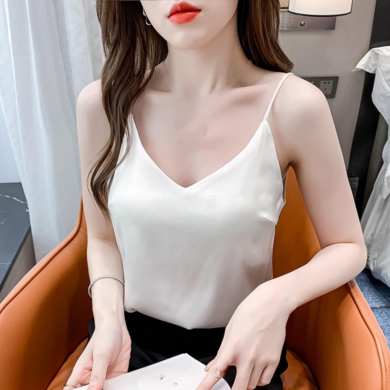 Chaleco de seda real para mujer elegante de satén blanco para oficina 8