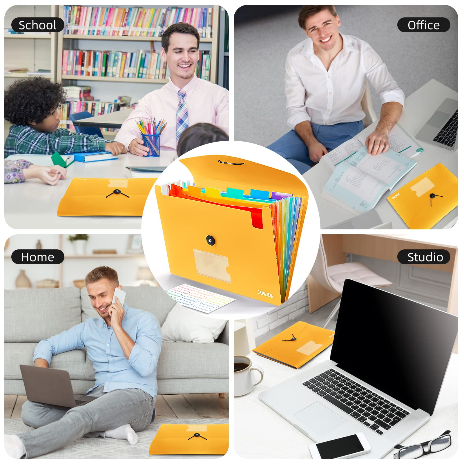 Fisarmonica - Cartella espandibile con 7 tasche, con etichette, in plastica, espandibile per documenti, formato A4, colore: Giallo