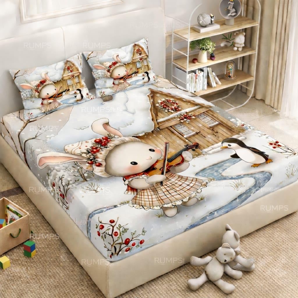 RUMPS 3D Digital Printed Double Bedsheet Flat | Premium Knitted Cotton MicroFabric 90x100 Inch Bed Sheet with 2 Pillow Covers, Cute Cartoon Blue Bird (7D Digital bedheet 10)