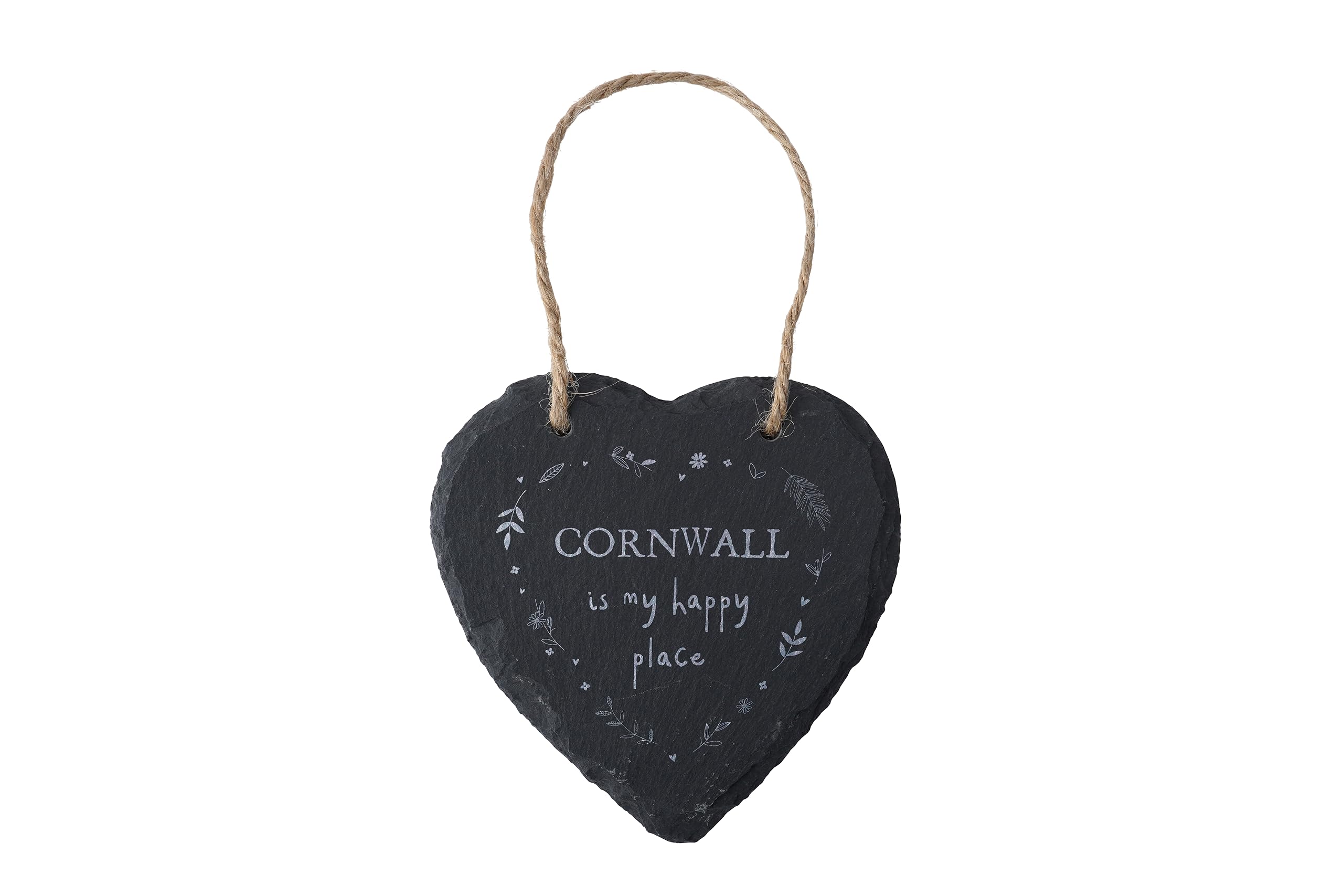 CGB Giftware | Rustic Slate Heart Hanger With Slogan 'Cornwall Is My Happy Place' | Jute Ribbon Hanger | GB07361