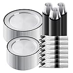 Goodluck 350 Piece Black Plastic Dinnerware Set for Party, Clear Disposable Plates for 50 Guests, Include: 50 Dinner Plastic Plates, 50 Dessert Plates, 50 Pre Rolled Napkins with Cutlery Set, 50 Cups