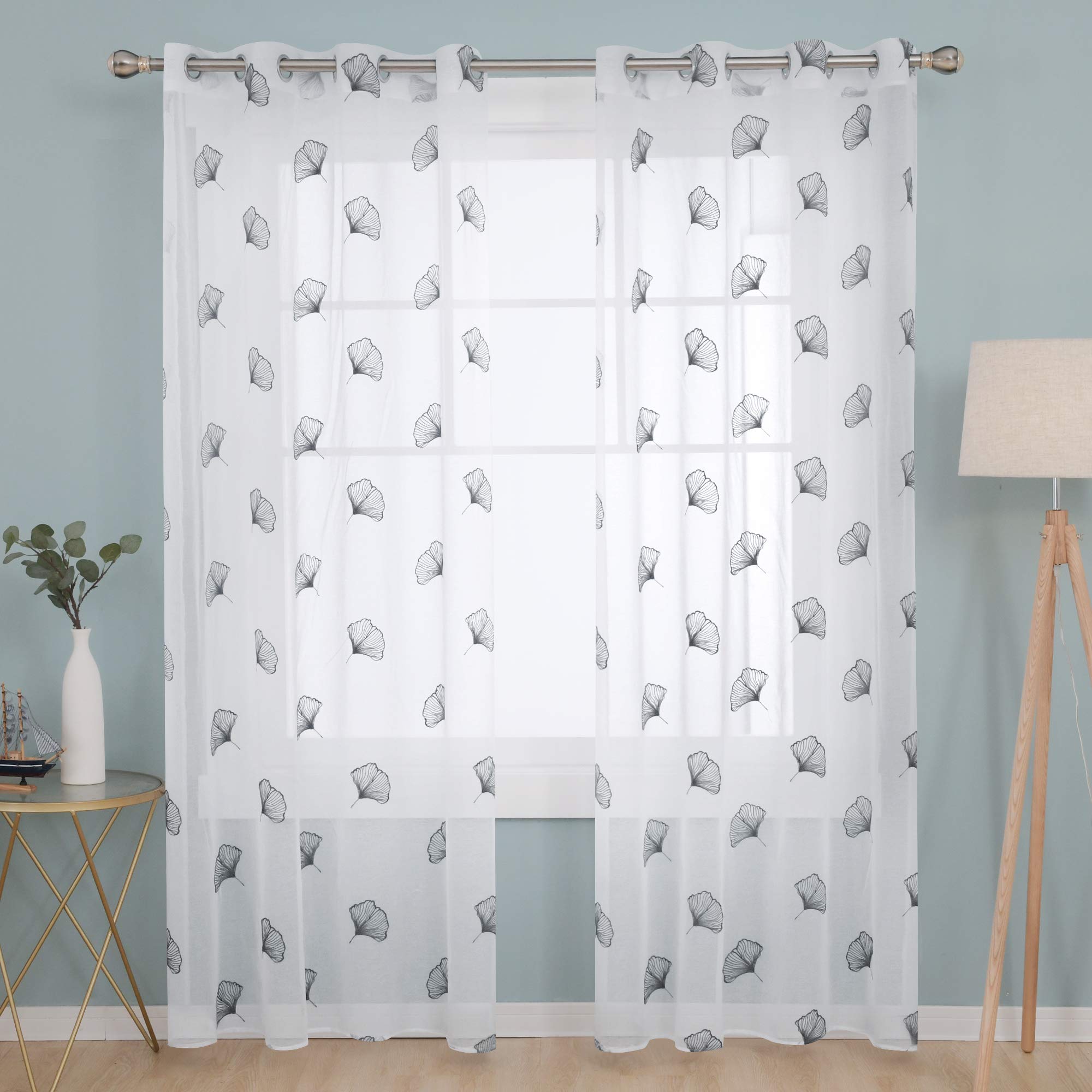 Deconovo Linen Effect Sheer Curtains Eyelets Net Curtains Plain Embroidered Voile Curtains for Bedroom 55 x 94 Inch Grey One Pair โ image 1
