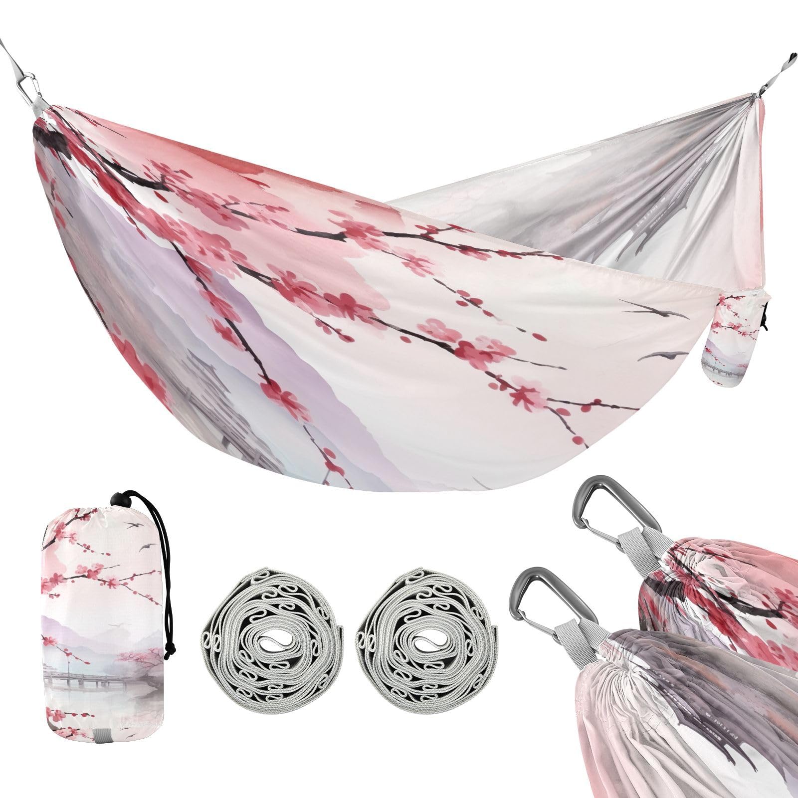 SDMKA Asian Landscape Pink Camping Hammock, 330 lbs with 2 Tree Straps, Carry Bag, Single Portable Hammock for Outdoor/Indoor, Hiking, Beach, Backpacking, Travel