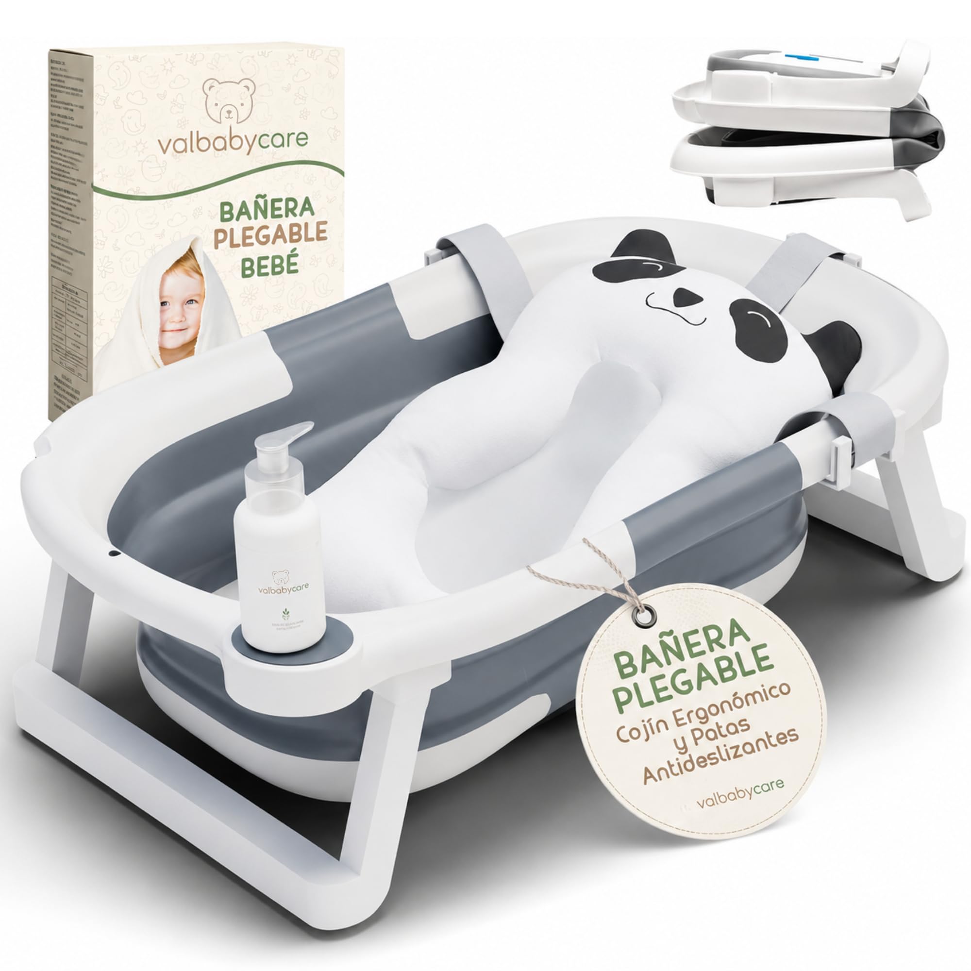 Bañera Plegable Bebe Portatil desde Recién Nacido Hasta 24 Meses + Cojín Panda Ergonómico Grande y Acolchado + Patas Antideslizantes Bañeras para Bebés Fácil de Limpiar Banheira Casa o Viaje | VALBABY