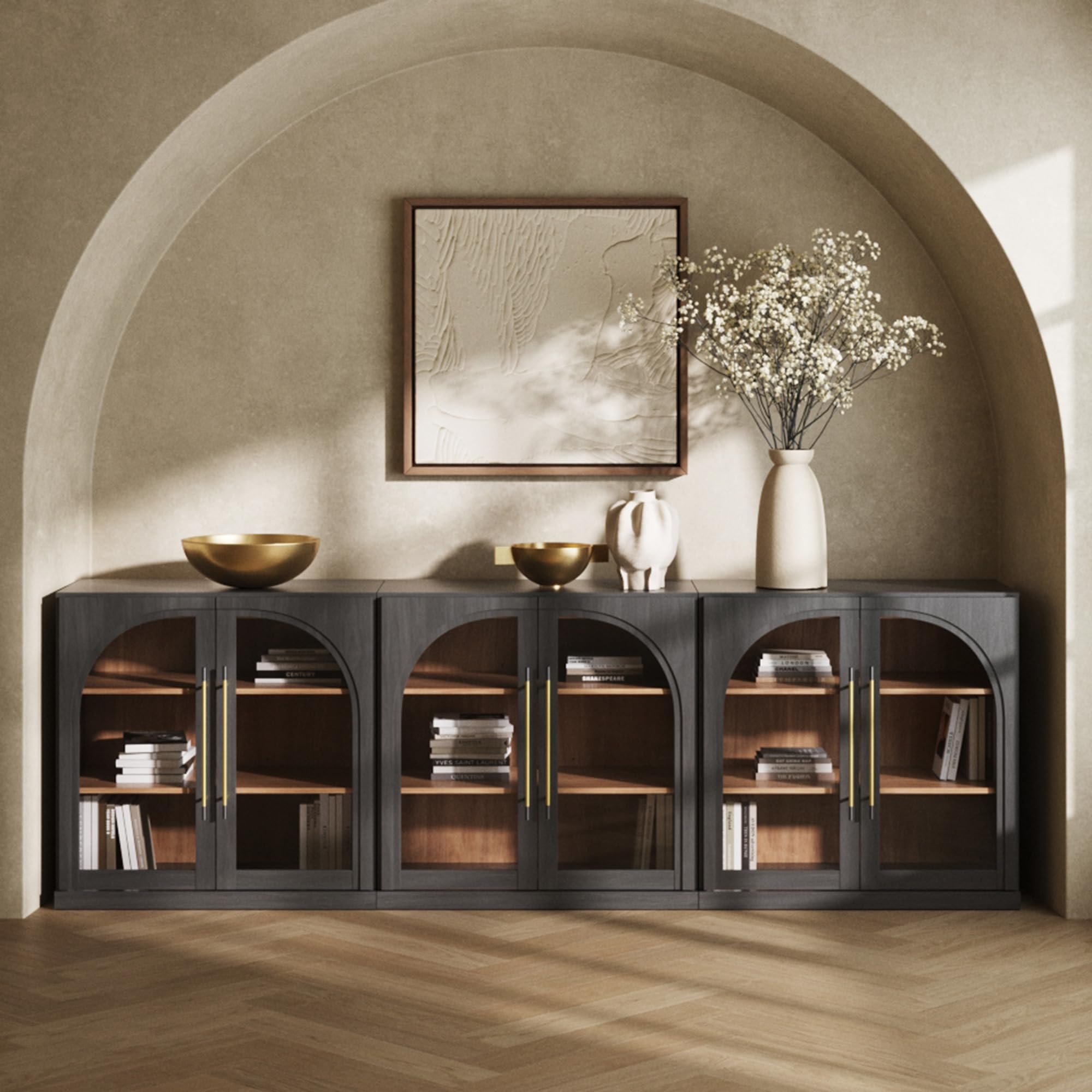 BELLEZE 65 Inch Fluted Buffet Cabinet with Storage, Symmetrical Arc Accent Sideboard Large Console Table for Dining Room, Kitchen, and Living Room (Camel) — view 63
