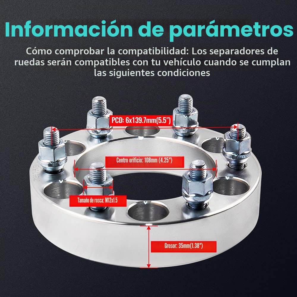 maXpeedingrods 4X 35 mm Adaptadores de Rueda Espaciadores 6 x 139.7 | separadores M12x1.5, rodamientos, 24 tuercas incl., orificio central 108 mm