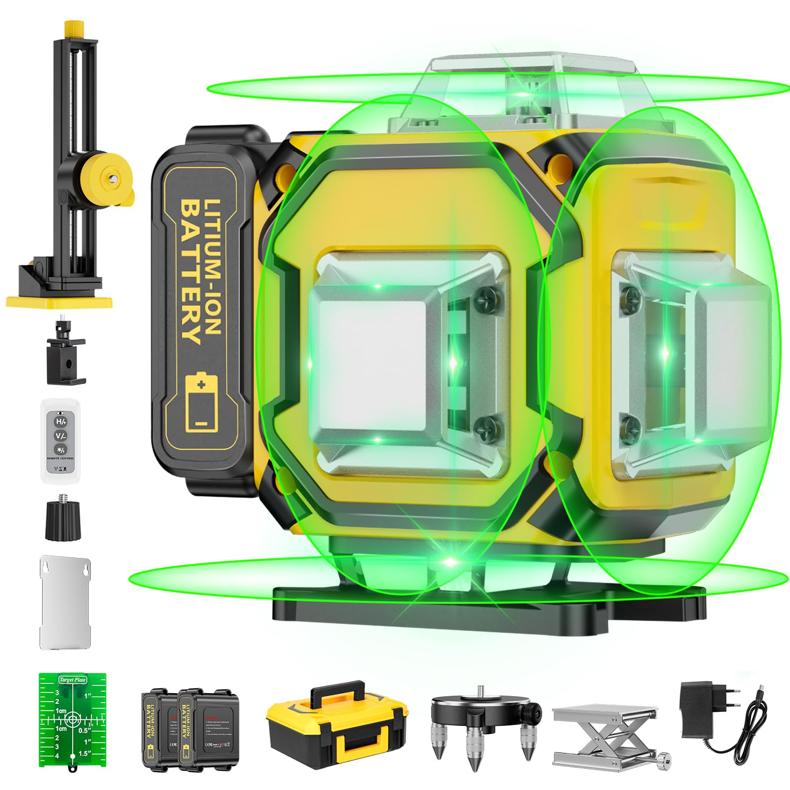 Laser Level 360 Self Leveling, 16 Lines 4×360° Green Pulse Mode Levels for Floor Tile Wall Picture Hanging Construction, 4D Leveler Outdoor Tool with 2 Rechargable Batteries Hard Carry Case