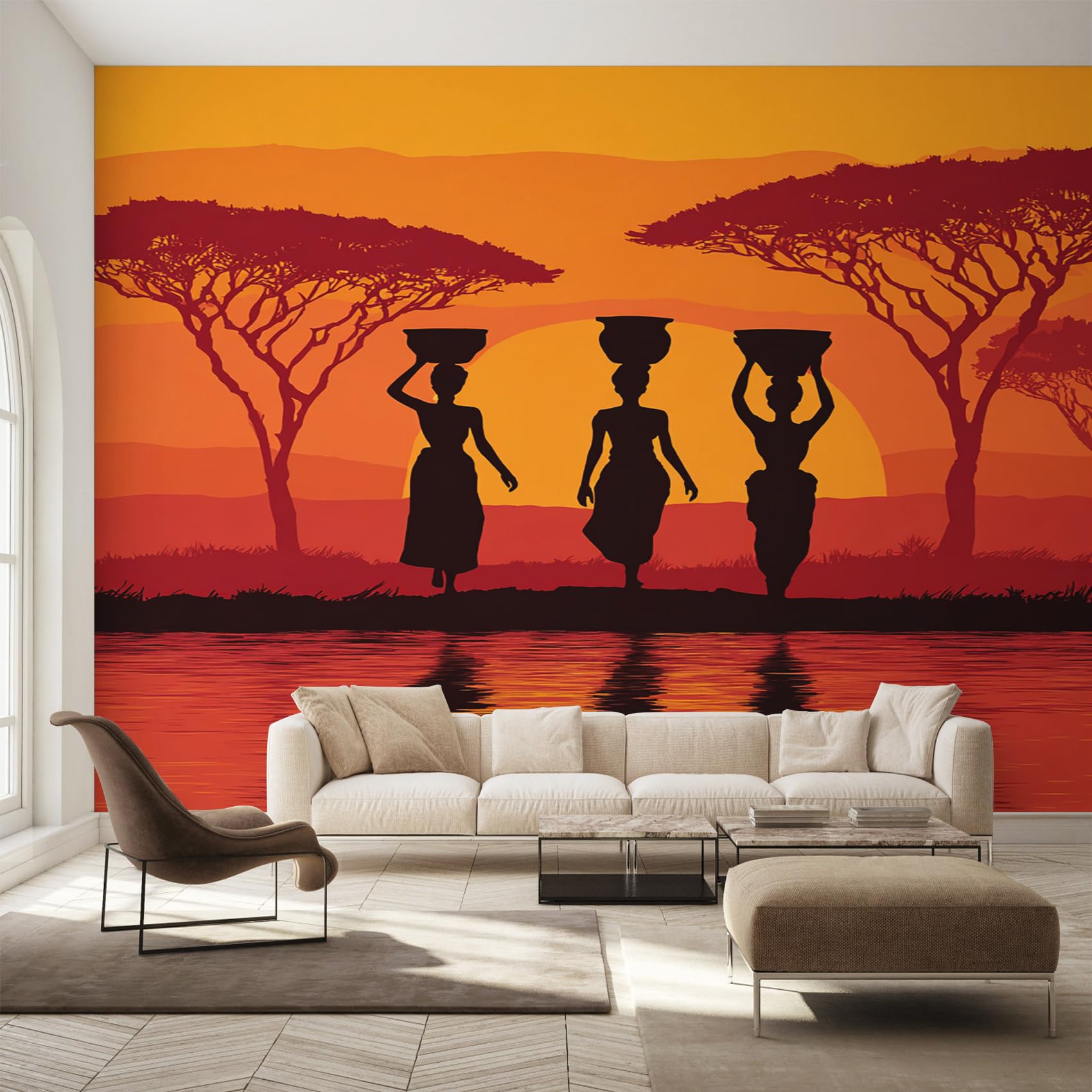 Papier Peint Intissé Africain panoramique paysage coucher de soleil Y&W36
