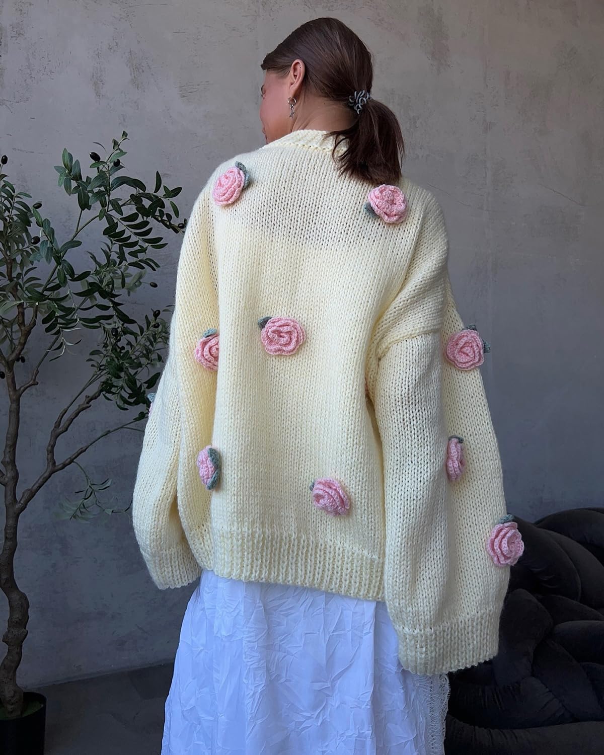 PDLCVD Damen-Pullover in Übergröße, handgefertigt, gehäkelter Aufkleber, 3D-Rose, Herbstpullover für Damen, Design inspirierter Pullover
