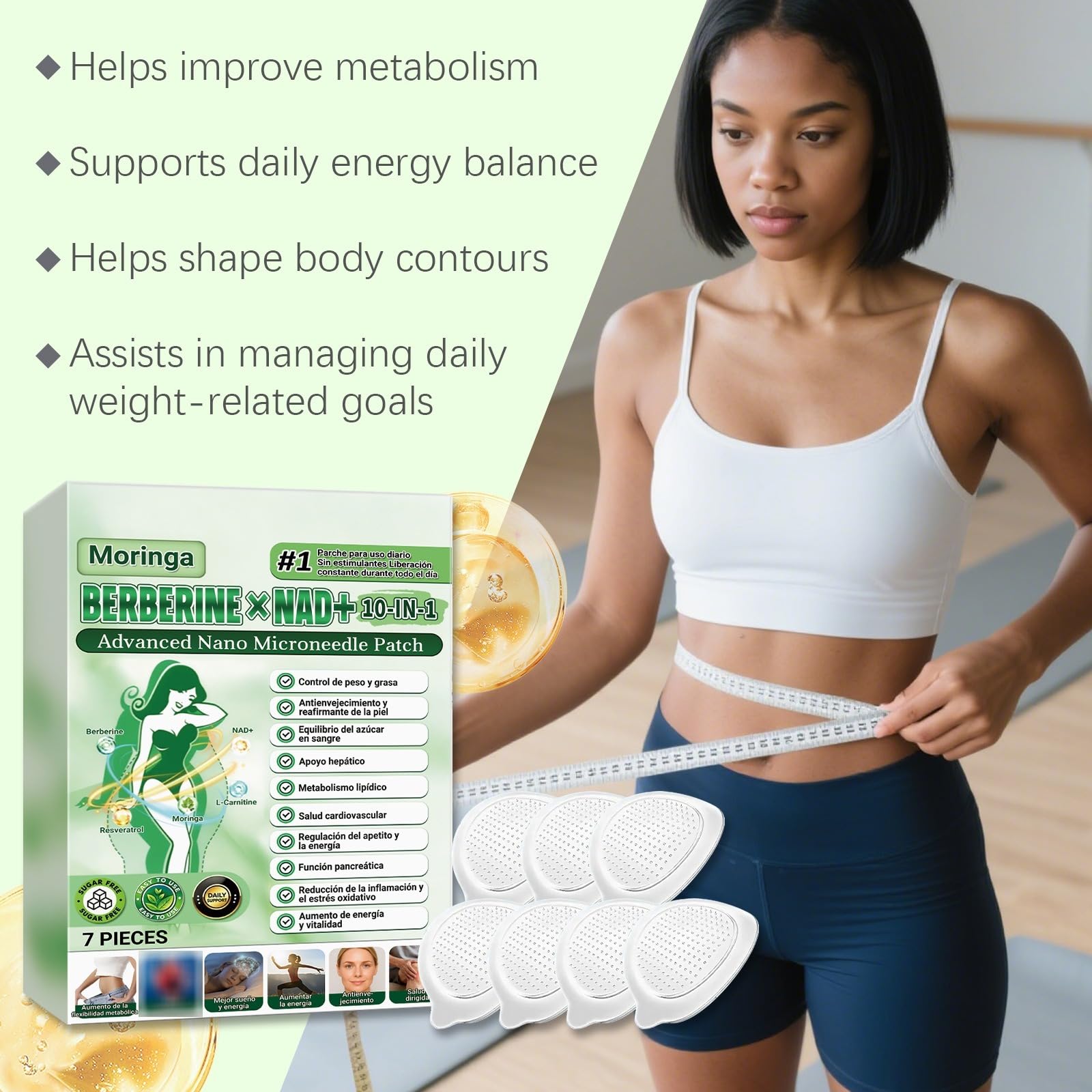 Patch Minceur 10-en-1 à la Berbérine, Moringa et NAD+ , Ventre Plat | Soutien Gestion du Poids, Métabolisme & Fermeté de la Peau, Formule Douce Non Irritante, Cortisol Perte De Poids