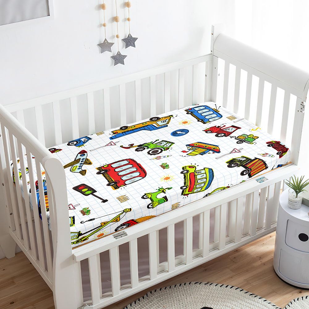 Odot Cot Bed Sheets, Cartoon Car Print Bedside Cribs Fitted Sheets, Baby Bed Sheets Microfiber Cot Bed Mattress Protector, Bassinet Sheets, Easy Care Soft and Dureable (65x95 cm,Lattice)