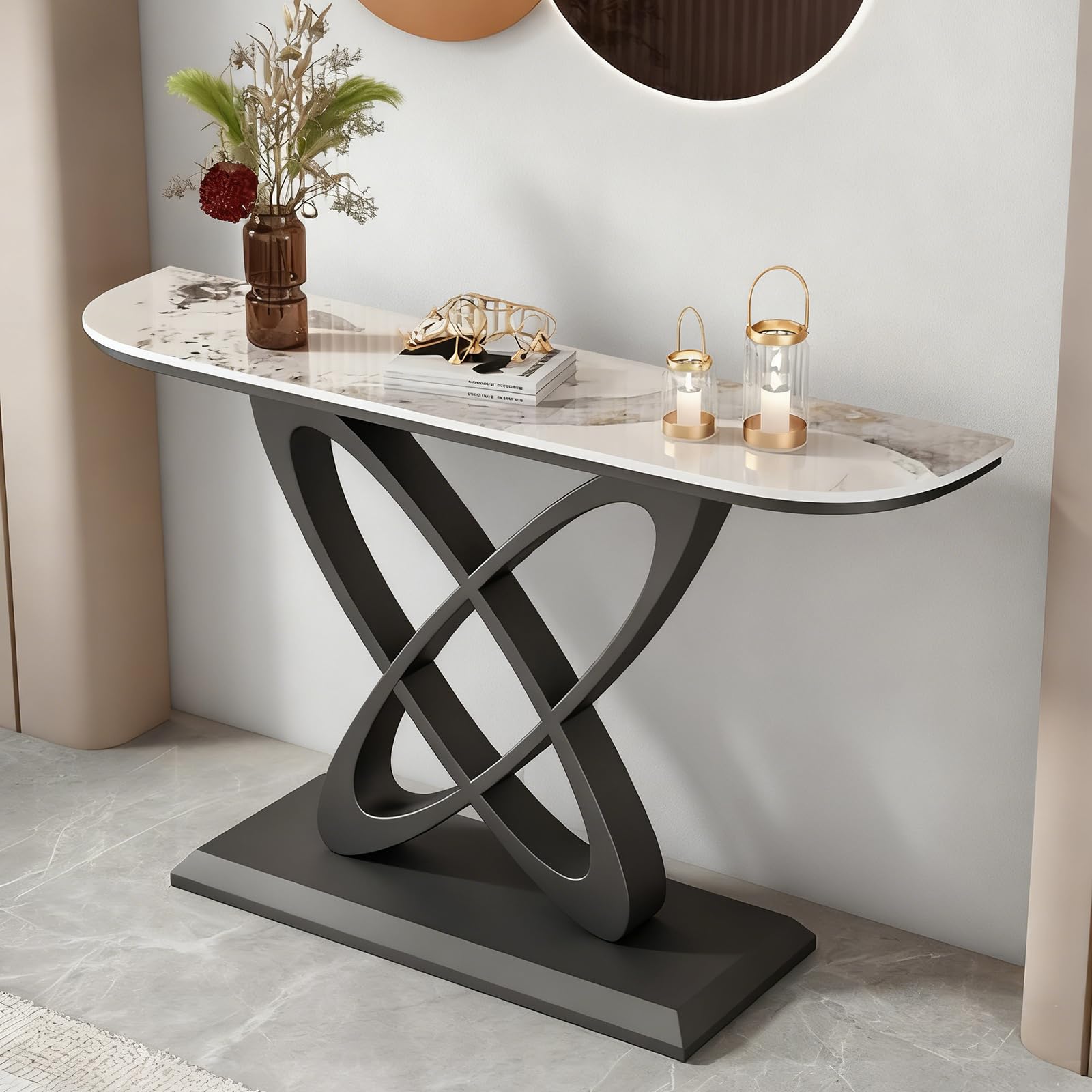 Mesa consola moderna, mesa de entrada de lujo con acabado de imitación mármol, mesa auxiliar estrecha de metal para pasillo, sala de estar, vestíbulo, 39.4" x 47.2" x 59.1" de ancho, fácil montaje.