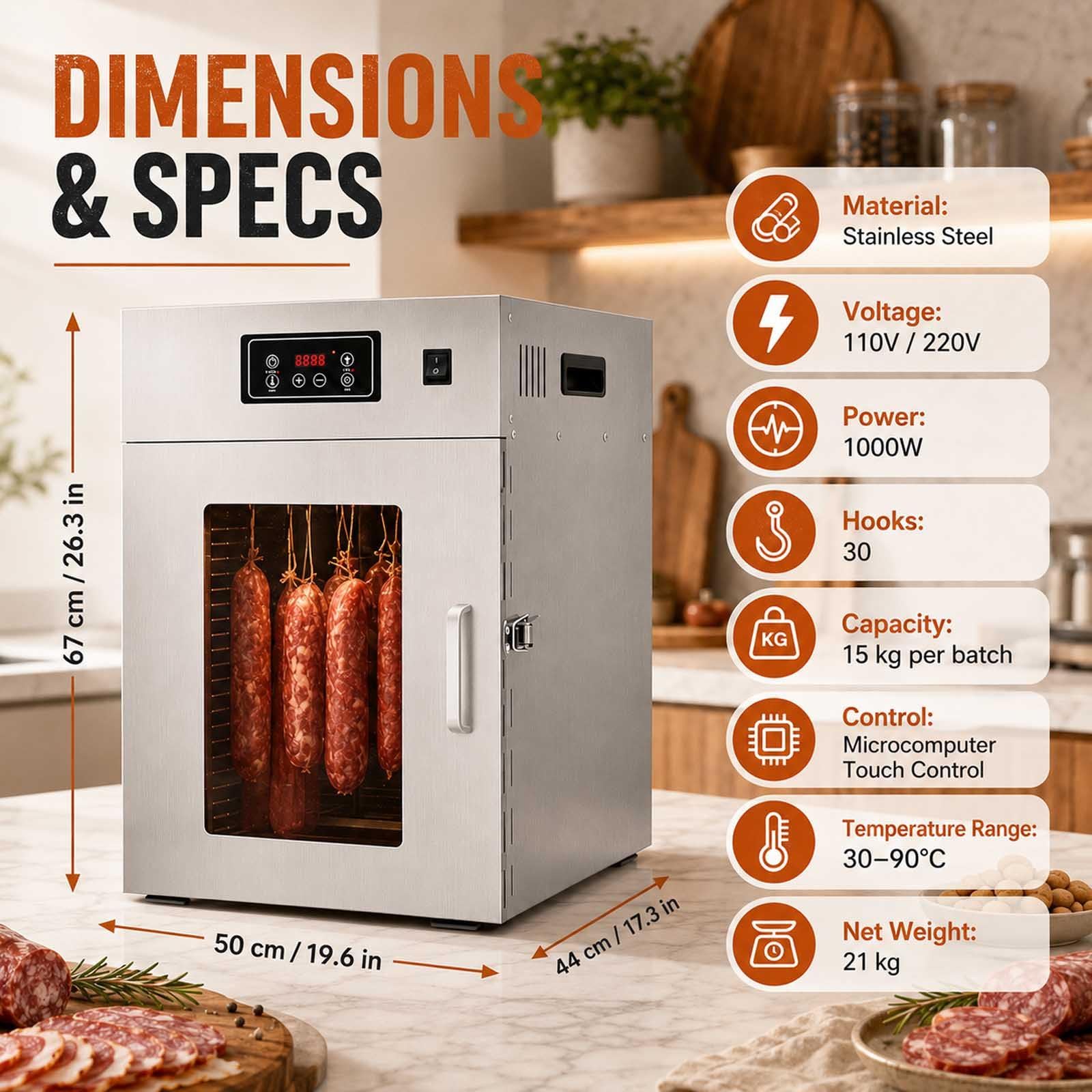 Dry Ager Reifeschrank Für Fleisch Und Wurst, Edelstahl Trockenschrank Für Fleisch Mit Led-Steuerung, 14/30 Haken, 30-90°C, 24h Timer, Biltong Box Für Wurst, Speck, Fisch Und Rindfleisch 15KG