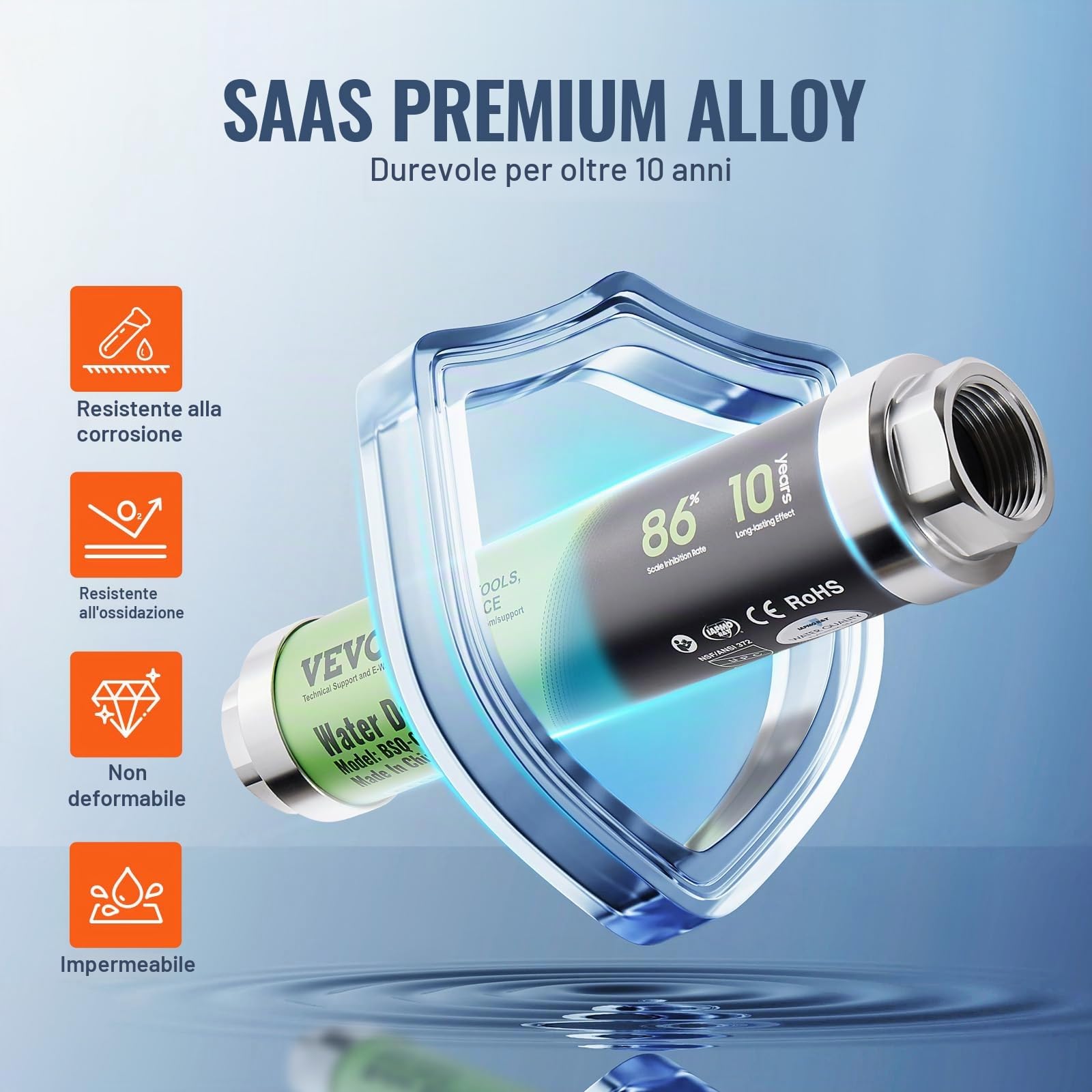VEVOR Addolcitore per Acqua Domestica Declacificatore Senza Sale per Acqua Tutta la Casa, Attrezzatura Addolcitrice Decalcificante Fisico per l'Acqua di Città, Addolcitore Decalcificante Acqua 18 GPM