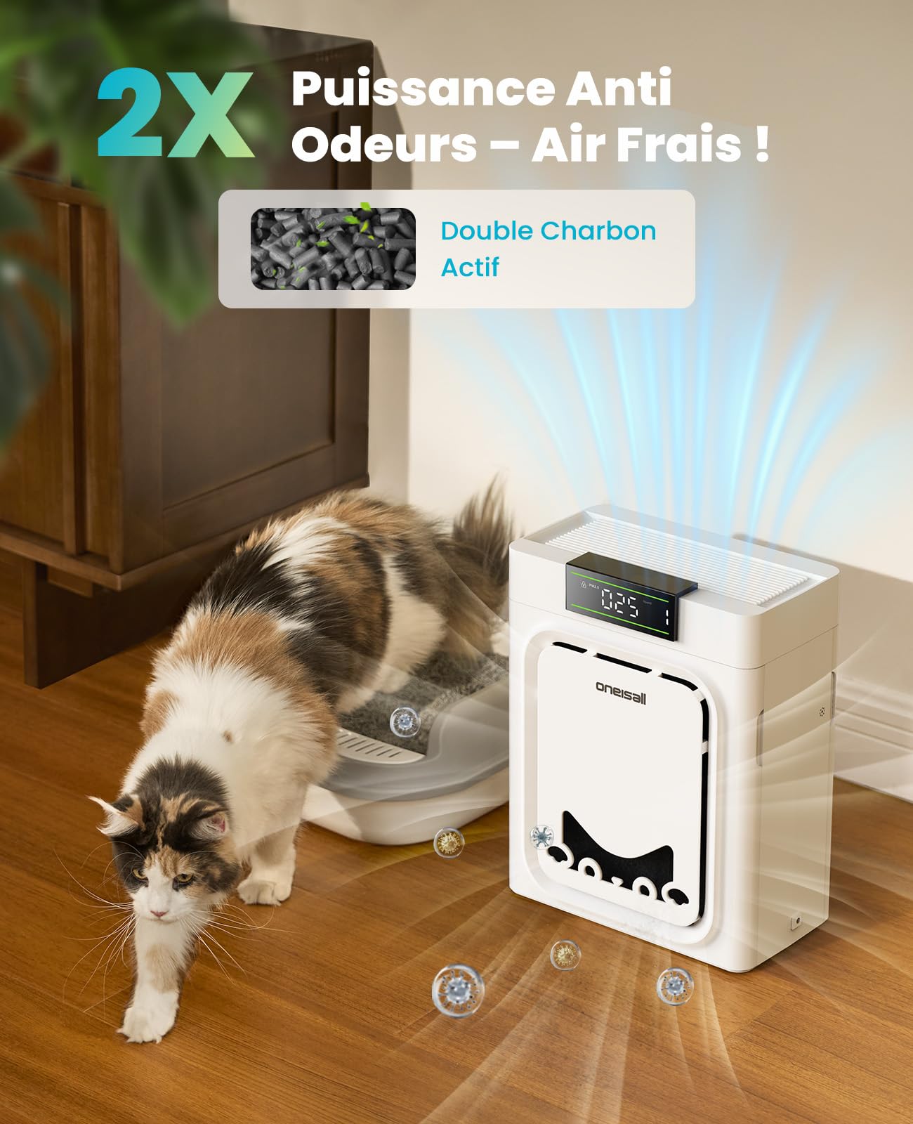 oneisall Purificateur D'Air Pour Animaux, Filtres HEPA Lavables Des Deux Côtés, Pour Grandes Pièces Jusqu'À 204 m², Élimine Poils, Odeurs, Allergènes, Pellicules, Fumée & Poussière, PP02