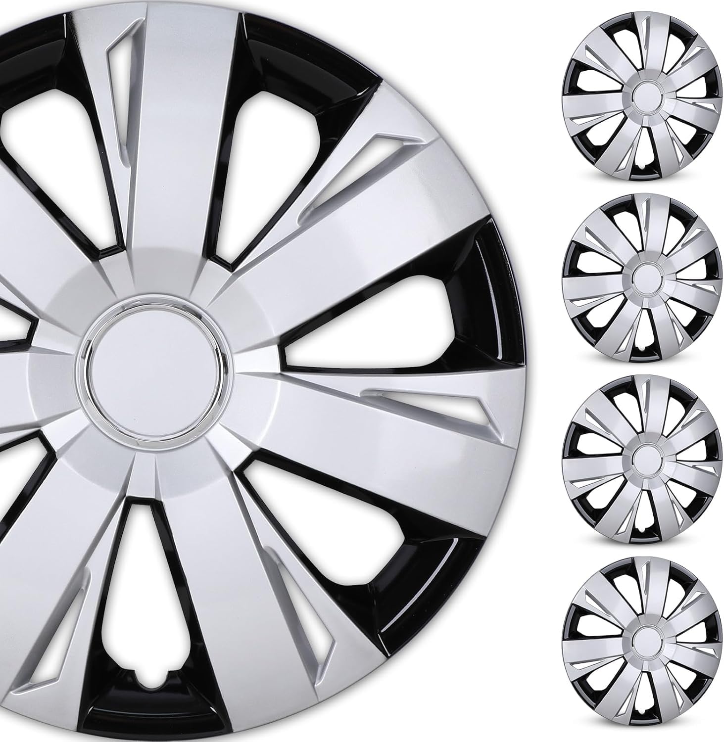 ROXX 4Pcs Set 14inch Universal Wheel Rim Cover Hubcaps Replacement (Only Fit for Iron Hub), ABS Material Snap On Car Truck SUV Hub Cap (5077,Silver Lacquer & Black)