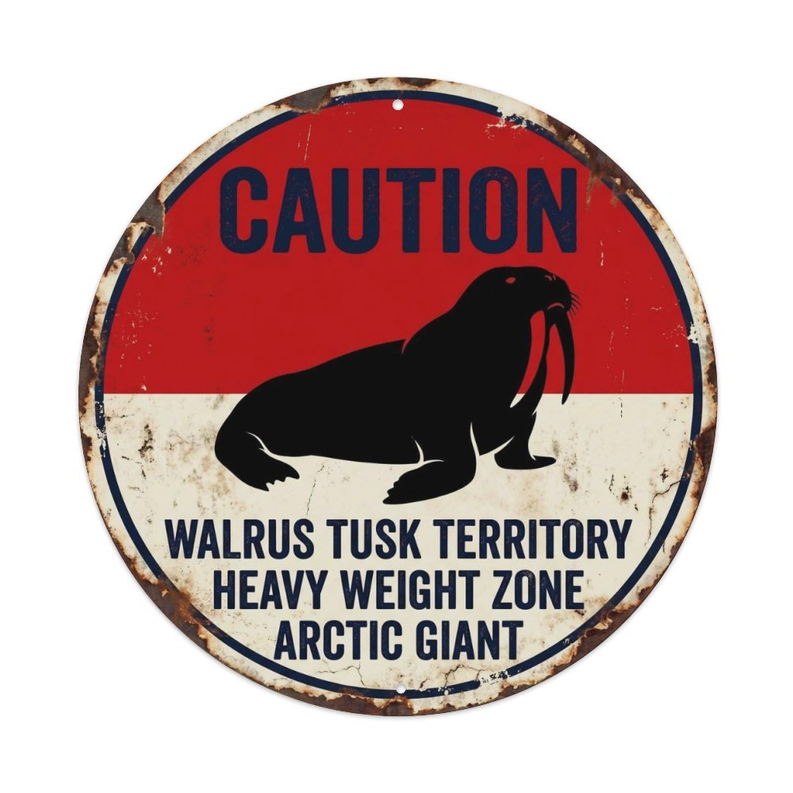 Walrus Tusk Guardian Cartoon Alert Label Arctic Wildlife Retro Metal Tin Sign Plaque Wall Decor for Cafe, Man Cave, Club Bar, Office, Home Garden Round Metal Poster 8x8Inch