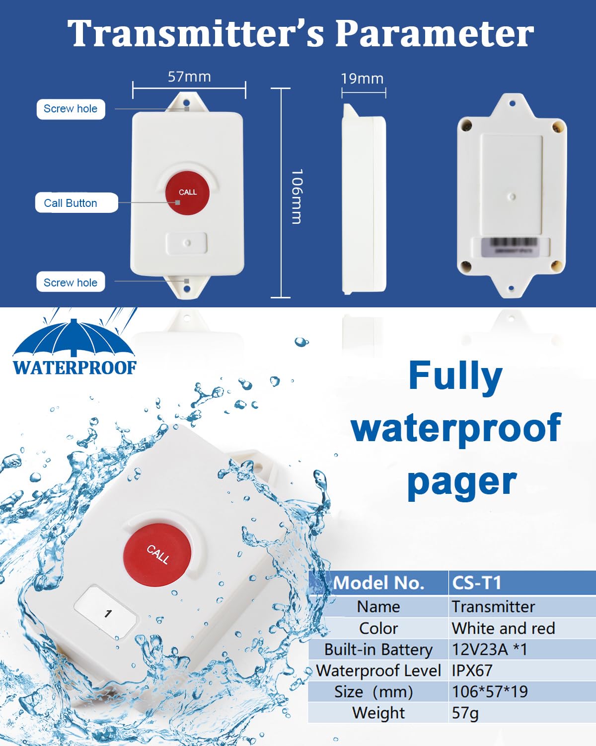 Notrufknopf für Senioren,Schwesternrufanlage Schwesternrufsystem mit Display Empfänger, 20 Wasserdichten Ruftasten, geeignet für Pflegeheim, Krankenhaus, Zahnklinik, Infusionsraum 50LT1-20