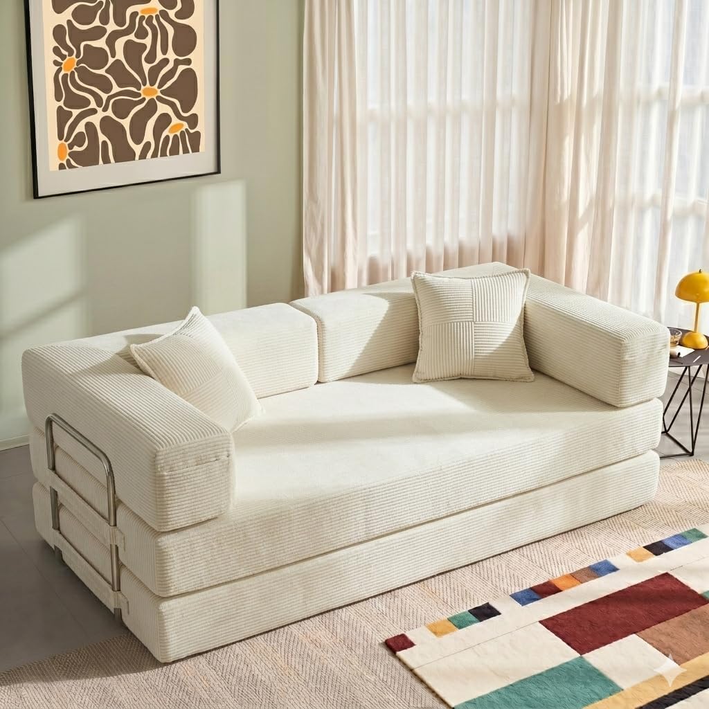 YINIX Składana Sofa 3-osobowa Łóżko Gościnne 200cm XXL, Modułowa Sofa Podłogowa ze Sztruksu z Metalową Ramą, Antypoślizgowa, Zmywalna (Biały, 200cm (3-osobowa))