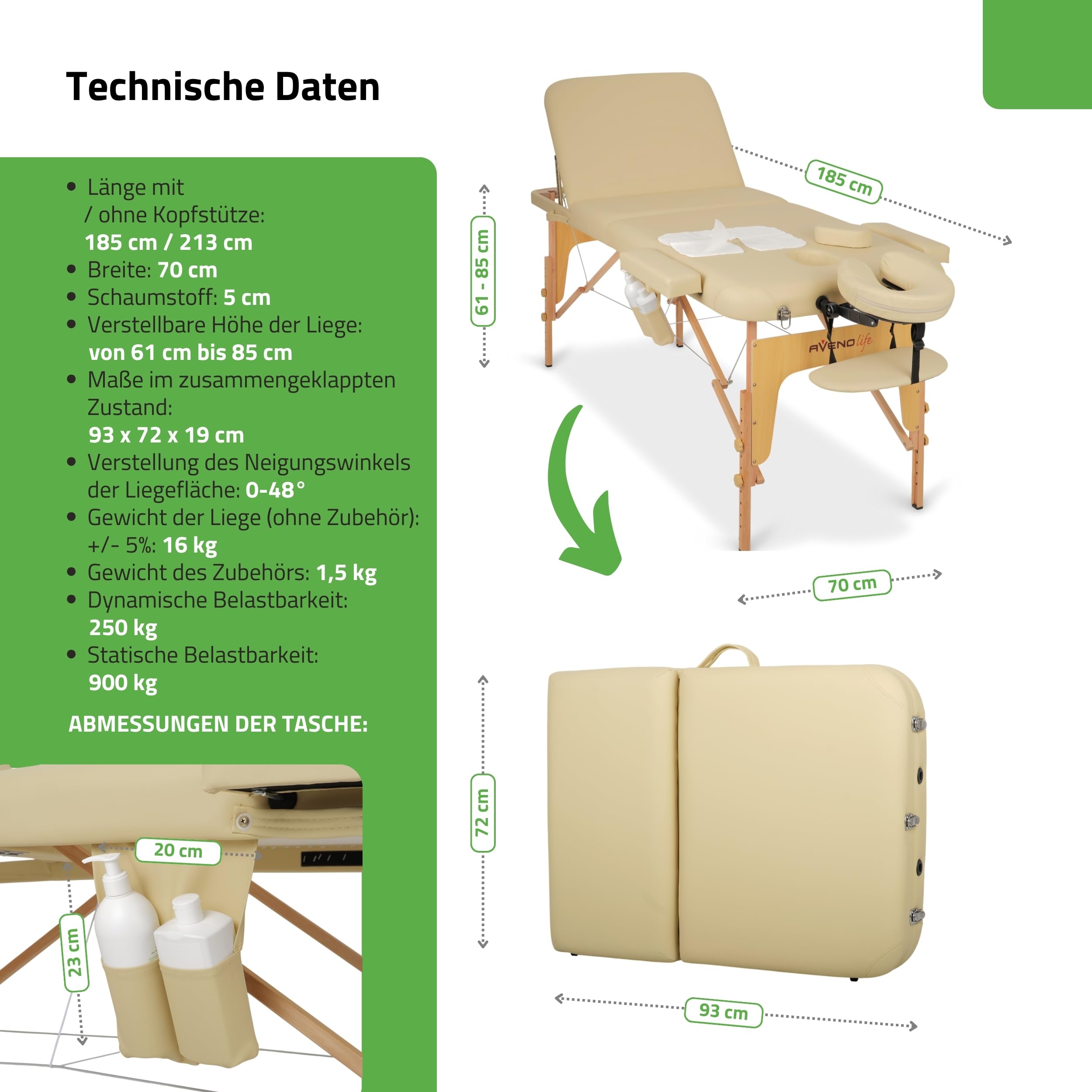 HABYS Mobile Massageliege Klappbar aus Holz 3 Zonen 185×70cm Verstellbare Rückenlehne 48° Massagetisch mit Kopfstütze Tragetasche bis 250 kg