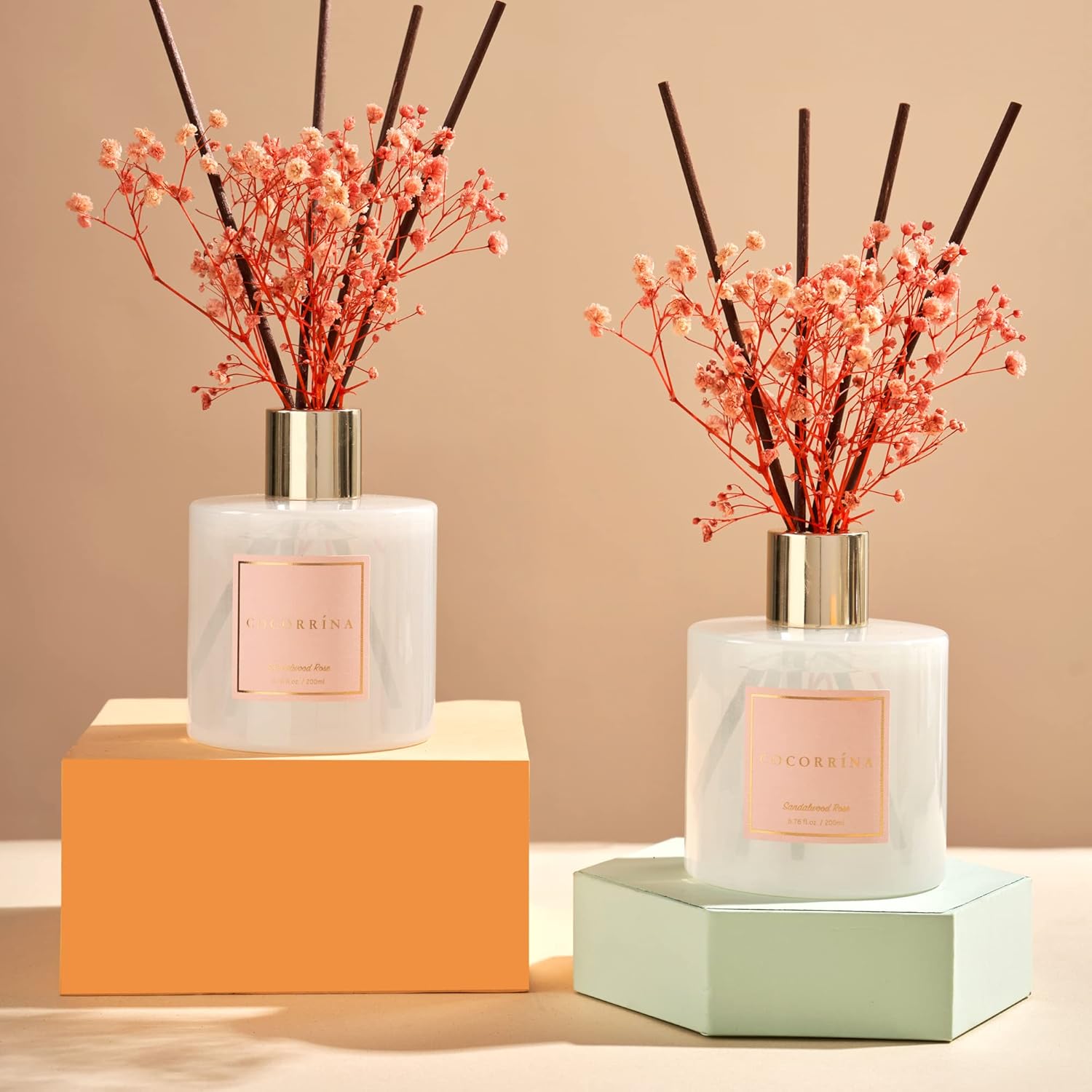 Cocorrína Premium Reed Diffuser Set with Preserved Baby's Breath & Cotton Stick Sandalwood Rose 2 Packs, 6.7oz Scent Fragrance Oil Diffuser for Bedroom Bathroom Home Décor - Image 2