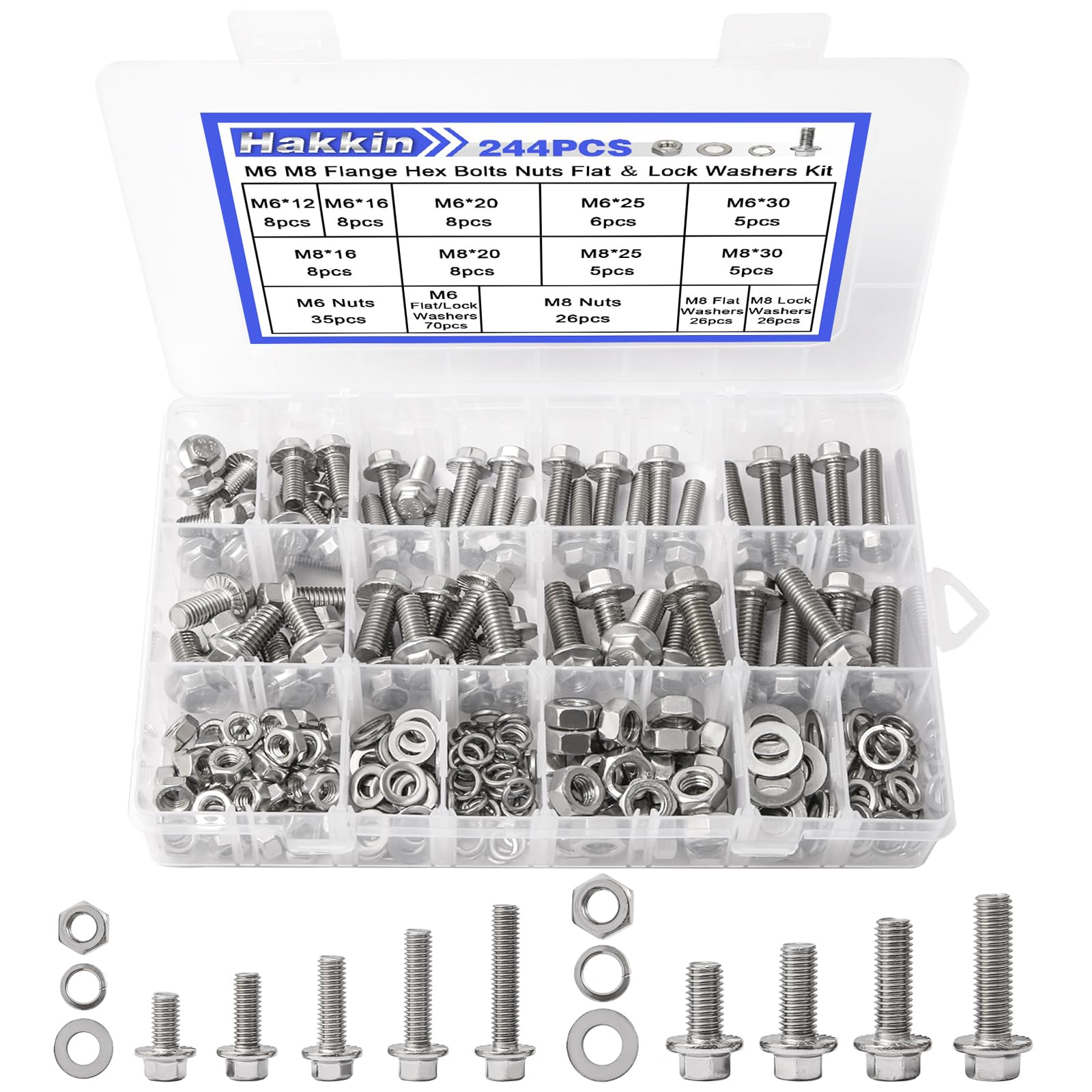 244PCS M6-1.0 M8-1.25 Flange Hex Head Bolts and Nuts Kit, M6 M8 Metric Flange Hexagon Screws Serrated Nuts Washers, 304 Stainless Steel M6 Bolt M8 x
